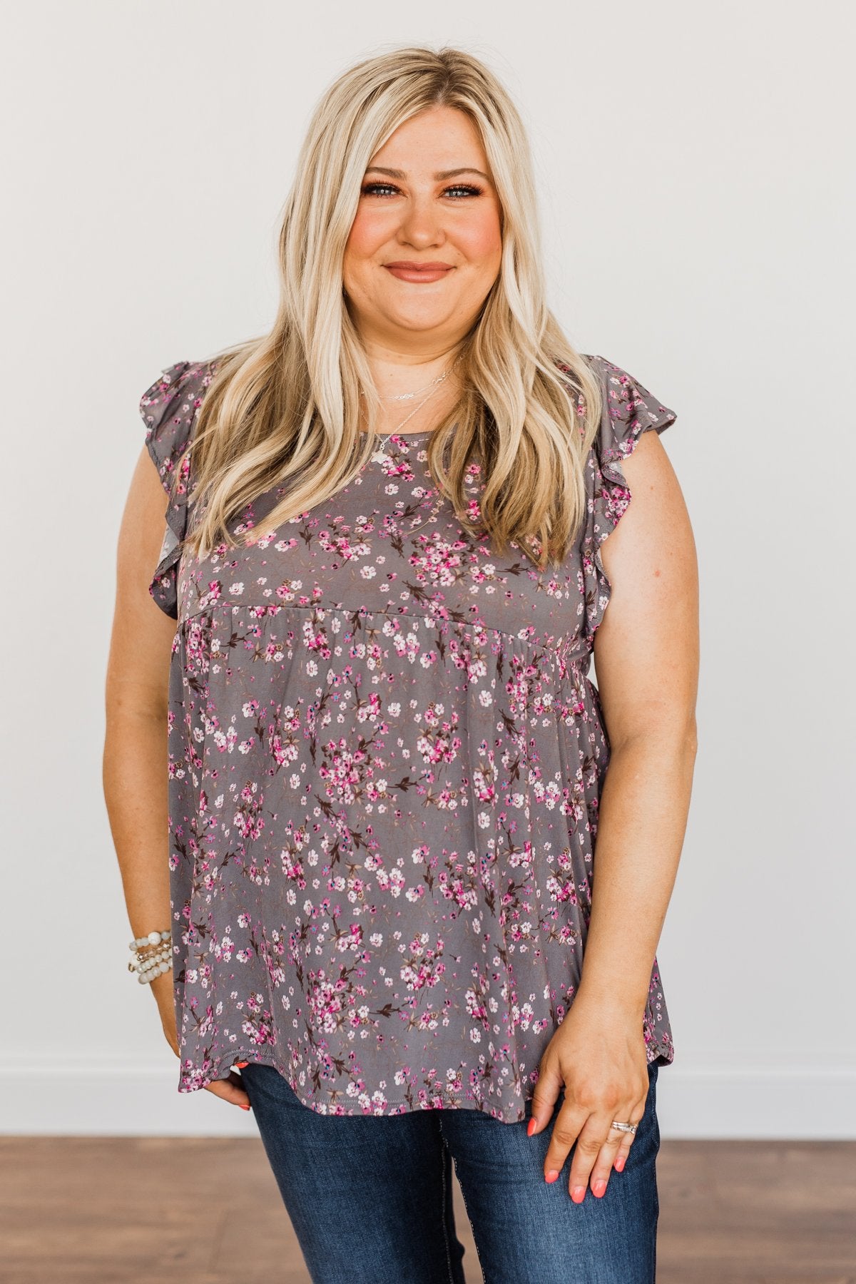 Gardens Of Flowers Floral Top- Grey & Pink