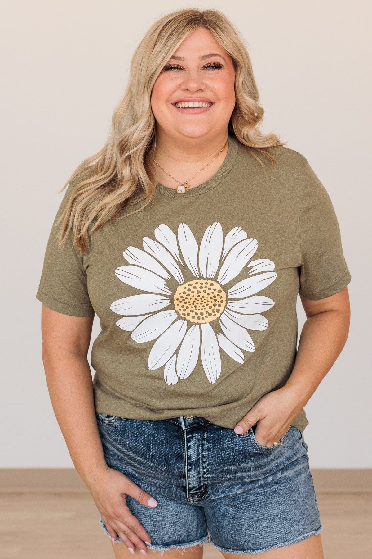 Delightful Daisies Flower Graphic Tee- Olive