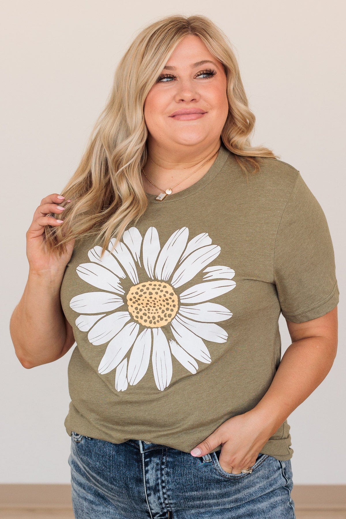 Delightful Daisies Flower Graphic Tee- Olive