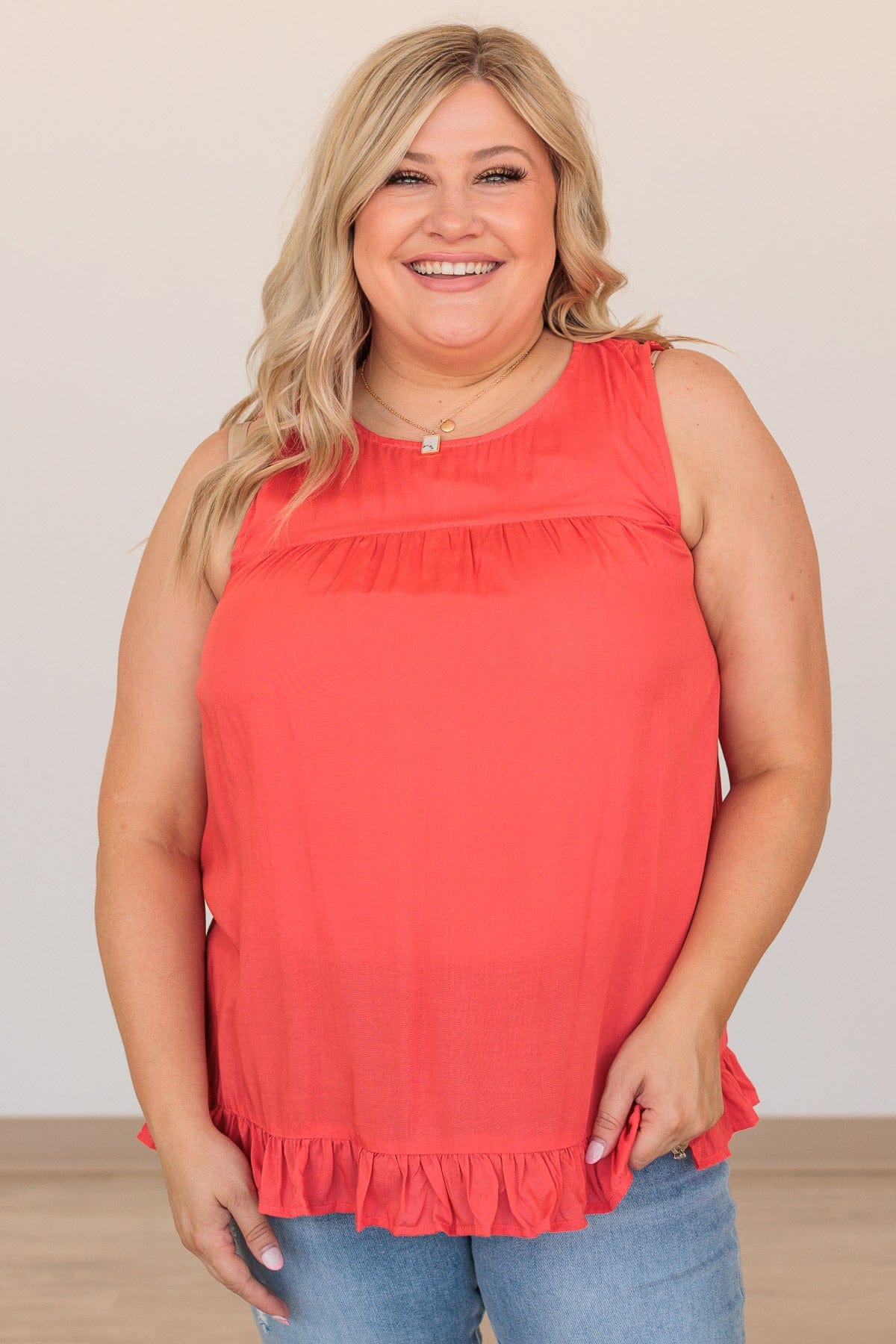 True To Yourself Ruffled Tank- Hot Coral