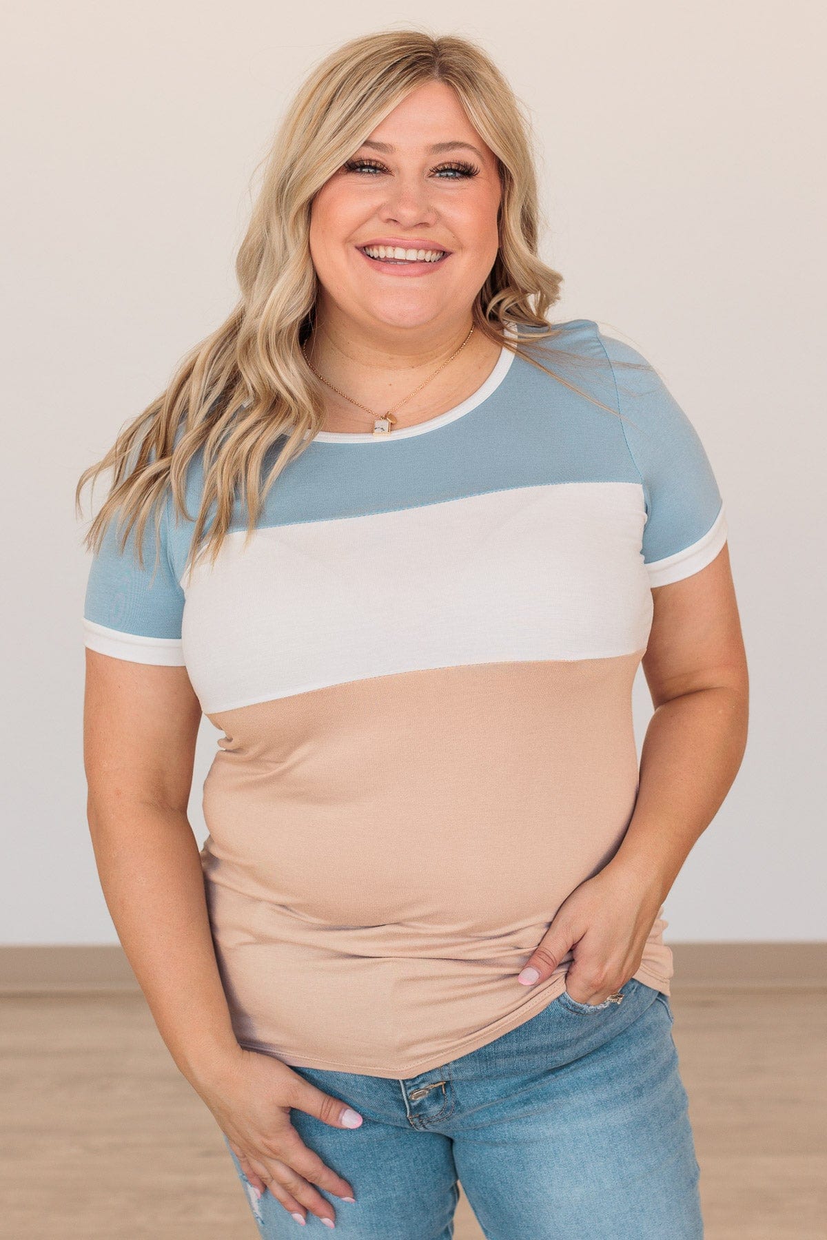 Moment Of Zen Color Block Top- Blue & Taupe
