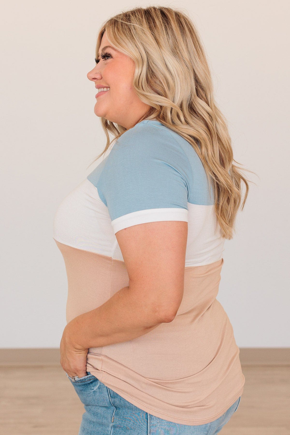 Moment Of Zen Color Block Top- Blue & Taupe