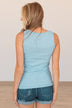 Taking Names V-Neck Tank- Light Blue