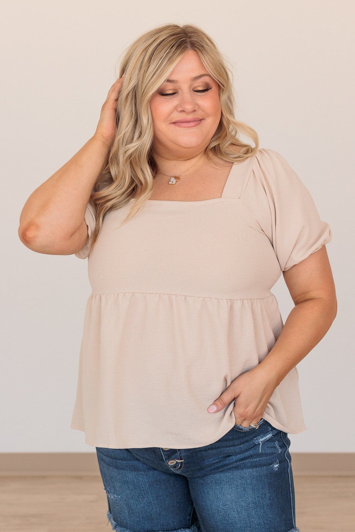 Happy To See You Puff Sleeve Top- Taupe