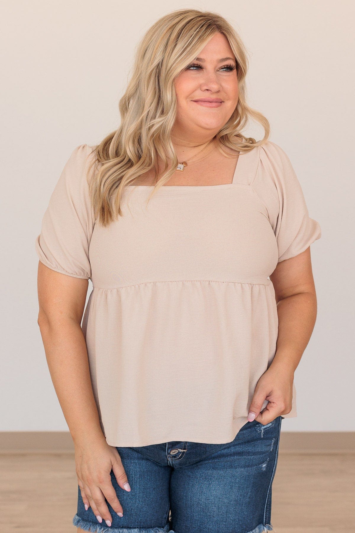 Happy To See You Puff Sleeve Top- Taupe