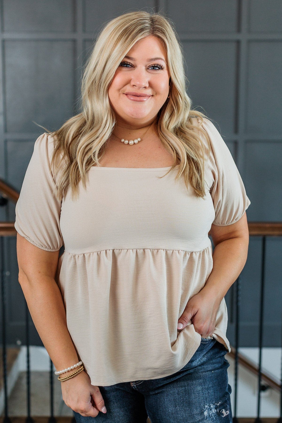 Happy To See You Puff Sleeve Top- Taupe