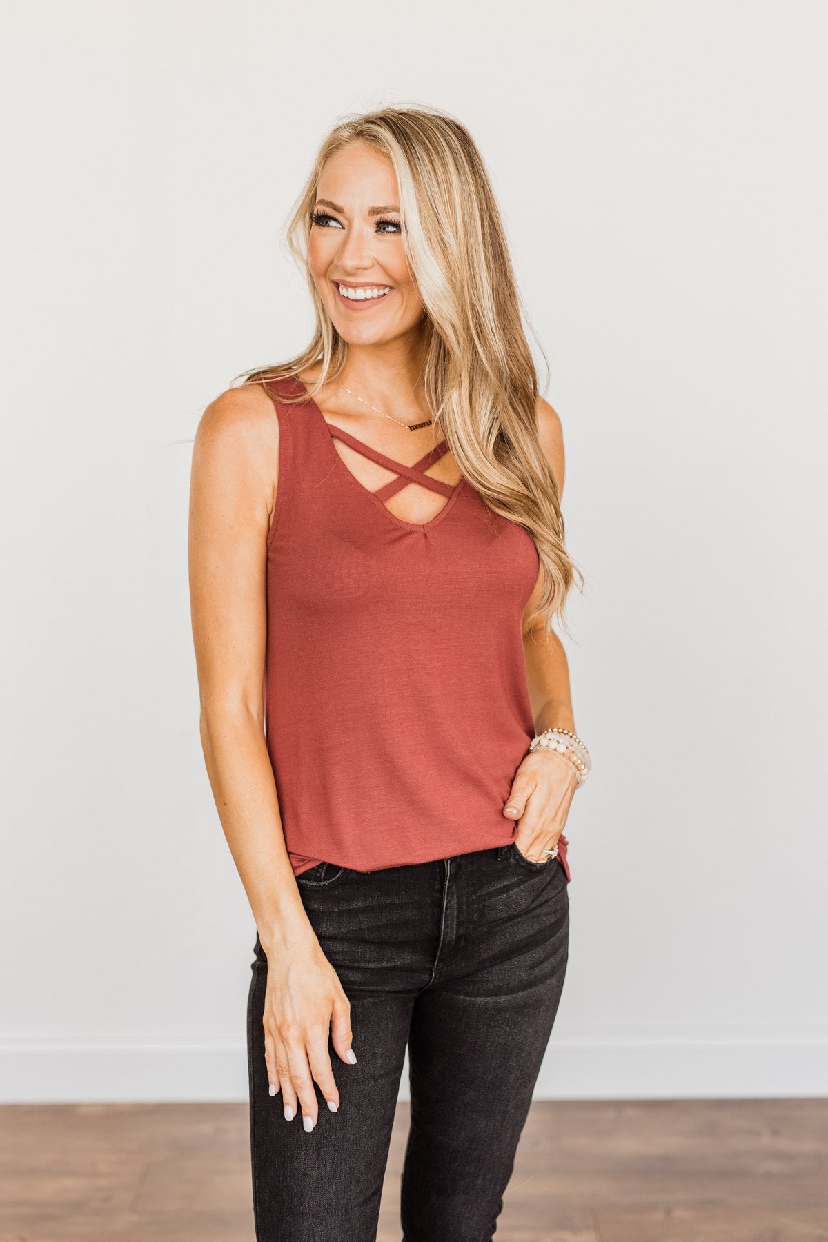 Places to Go Criss-Cross Tank Top- Brick