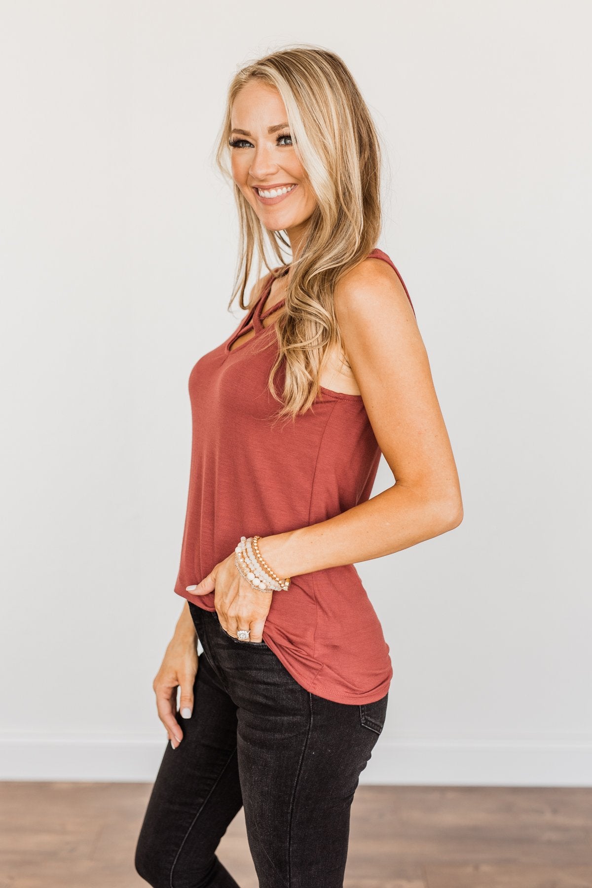 Places to Go Criss-Cross Tank Top- Brick