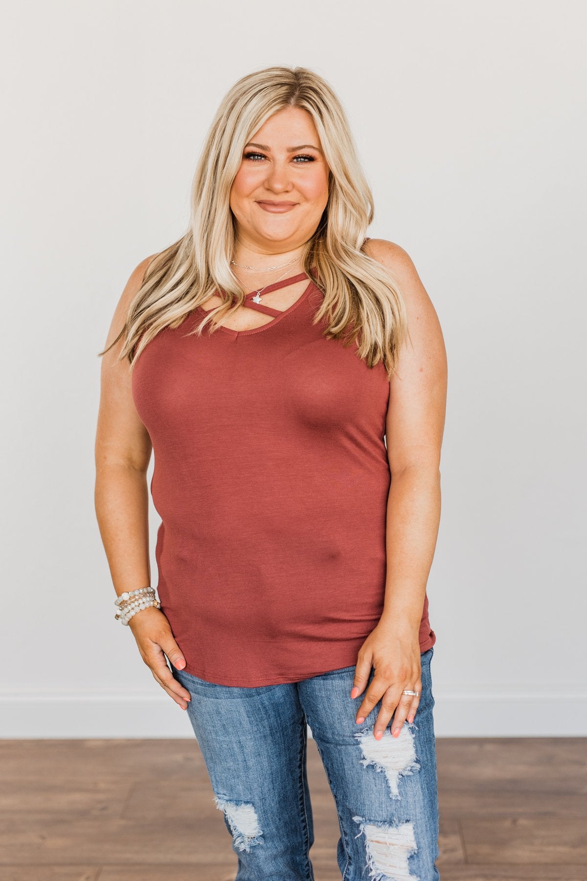 Places to Go Criss-Cross Tank Top- Brick