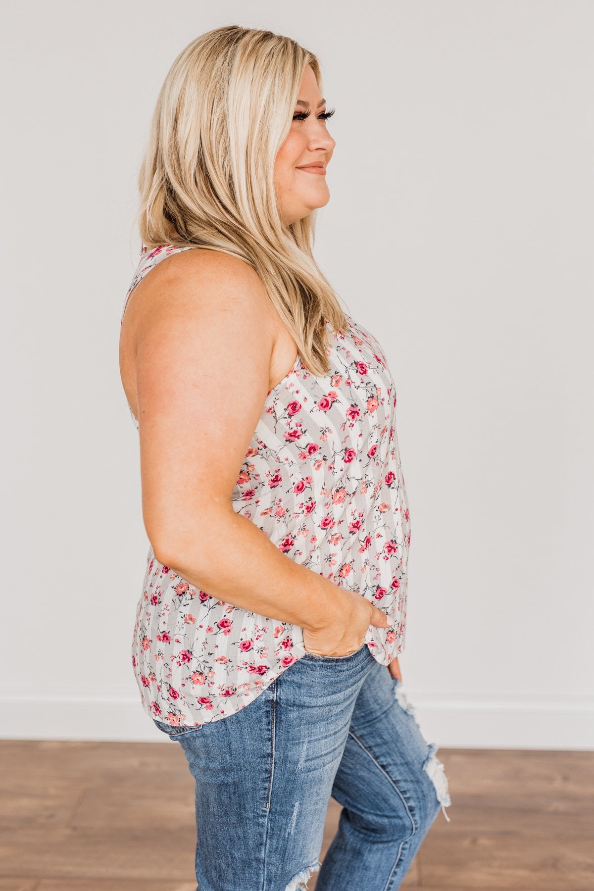 Put Your Head On My Shoulder Floral Tank Top- Grey