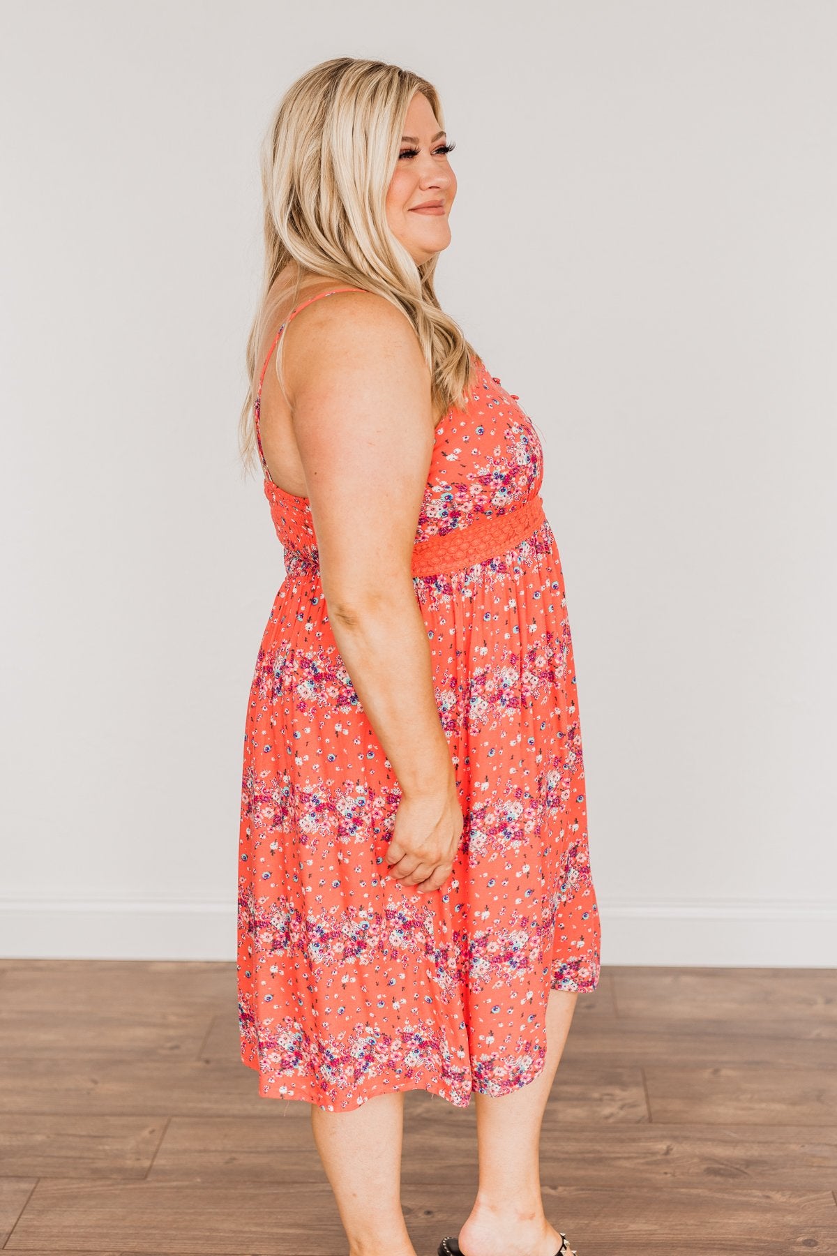 Eternally Elegant Floral Print Dress- Bright Coral