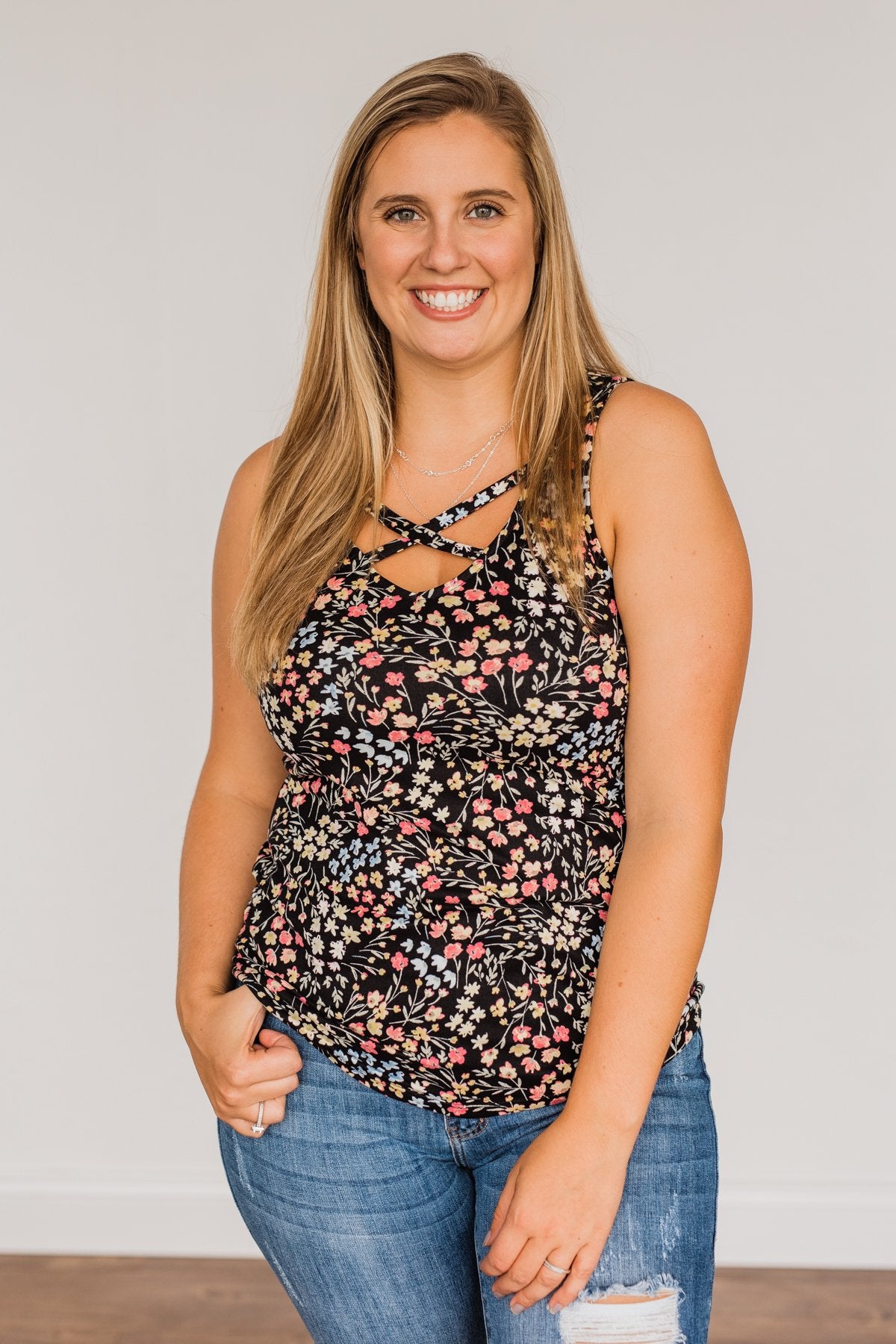 Like A Summer Breeze Floral Criss-Cross Tank- Black