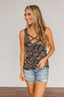 Like A Summer Breeze Floral Criss-Cross Tank- Black