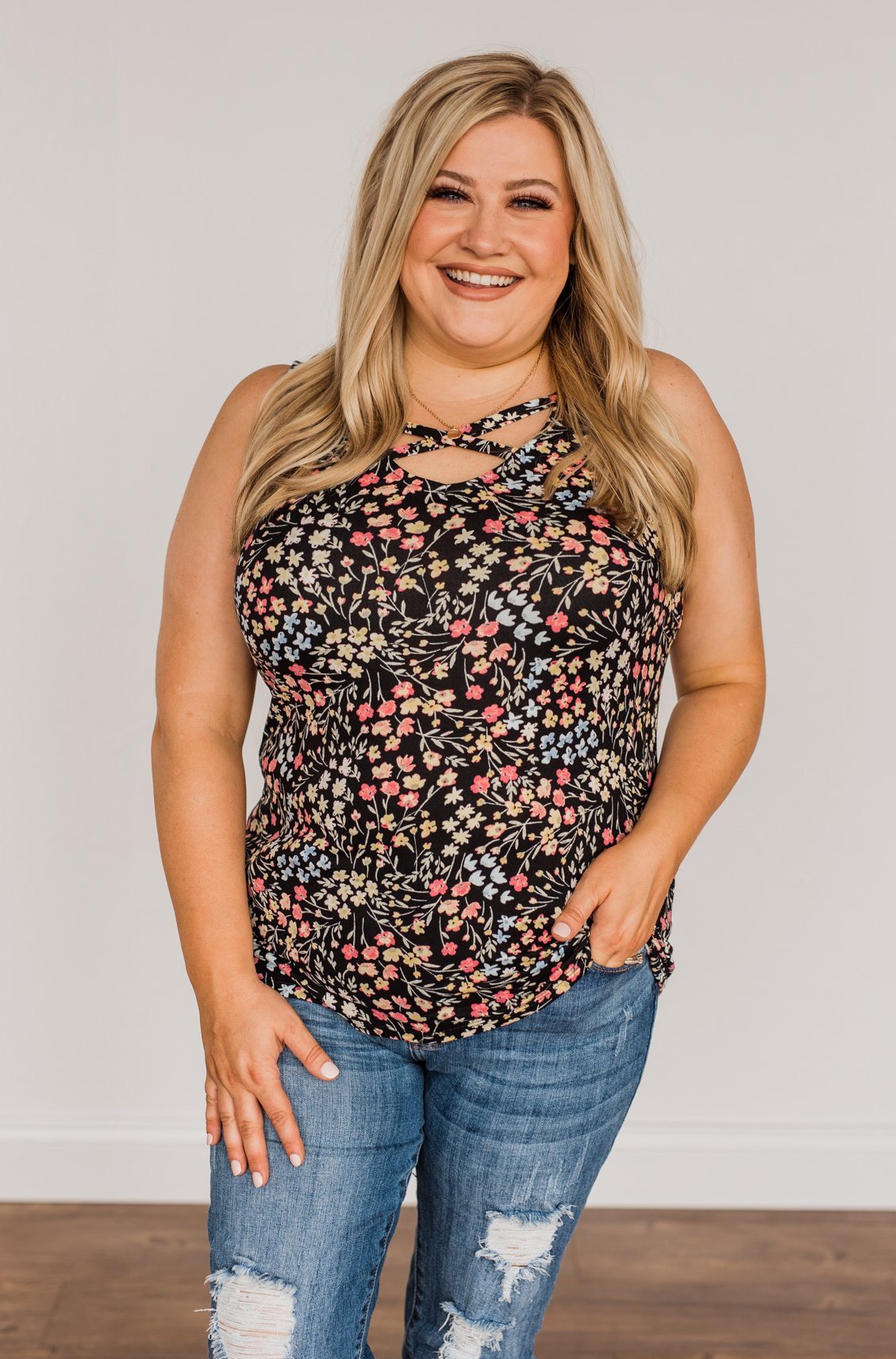 Like A Summer Breeze Floral Criss-Cross Tank- Black