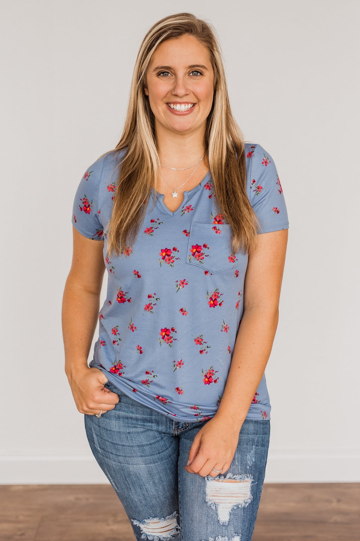 Botanical Beauty Floral Notch Pocket Top- Dusty Blue