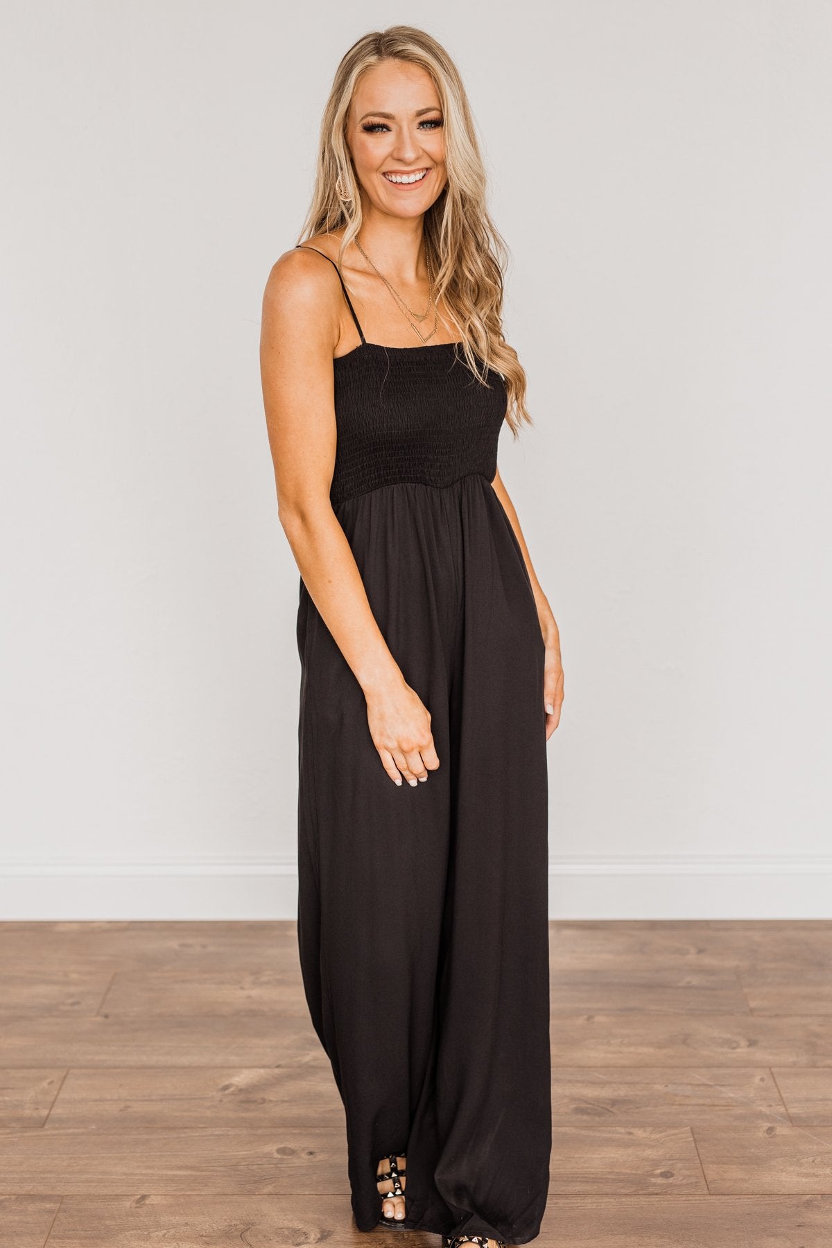 Adventure Of A Lifetime Smocked Jumpsuit- Black Adventure Of A Lifetime Smocked Jumpsuit- Black