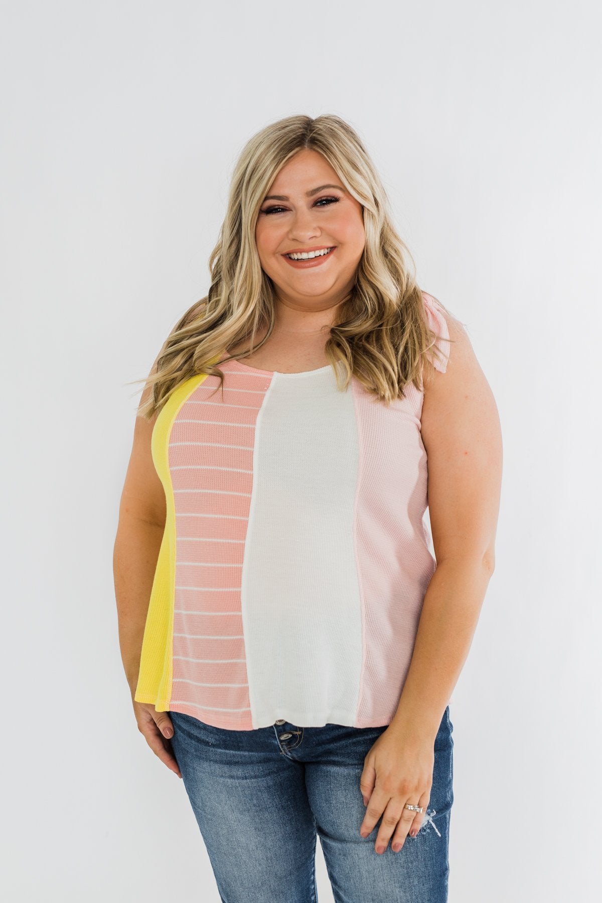 Once Again Color Block Tank Top- Pink, Off White, & Yellow