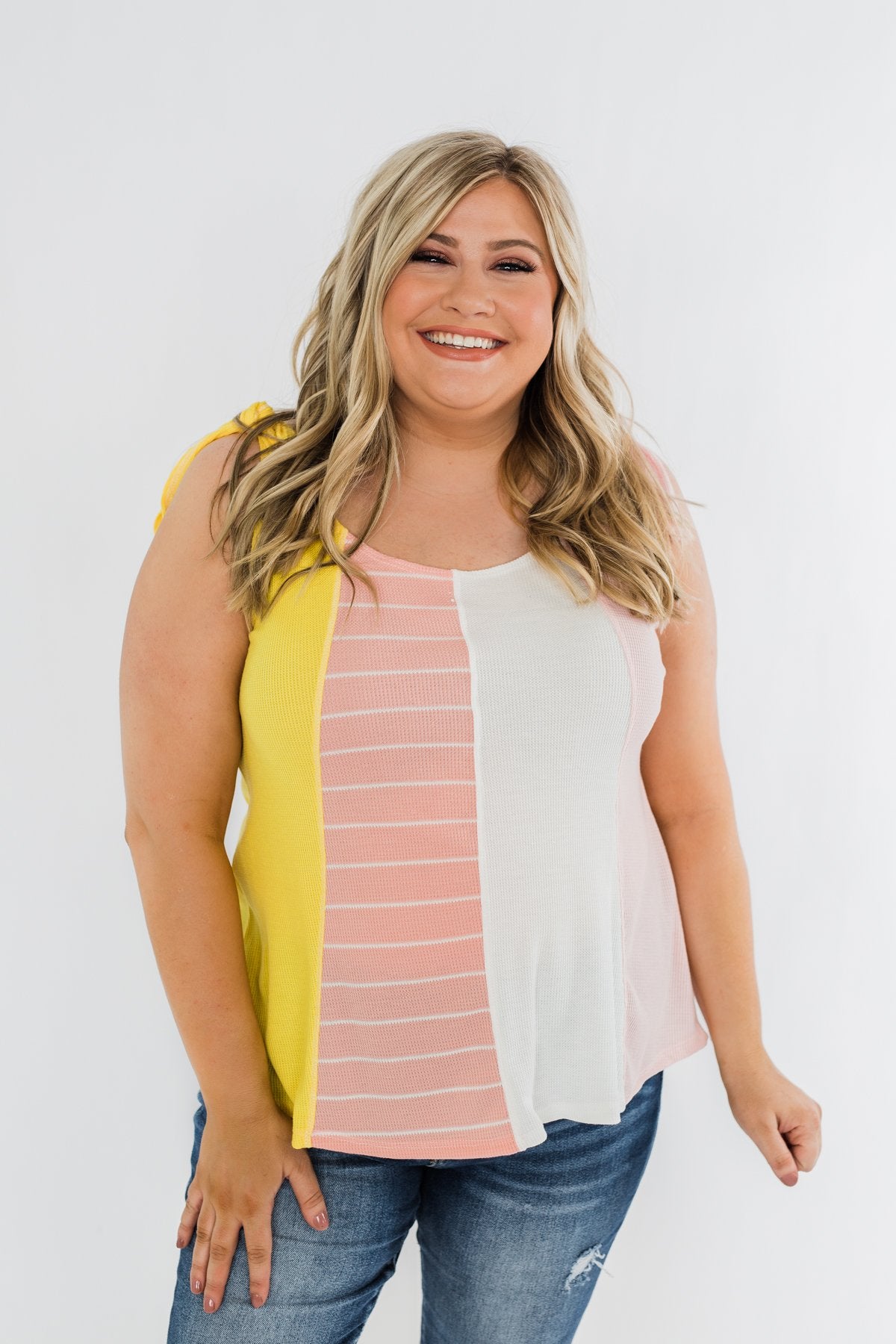 Once Again Color Block Tank Top- Pink, Off White, & Yellow