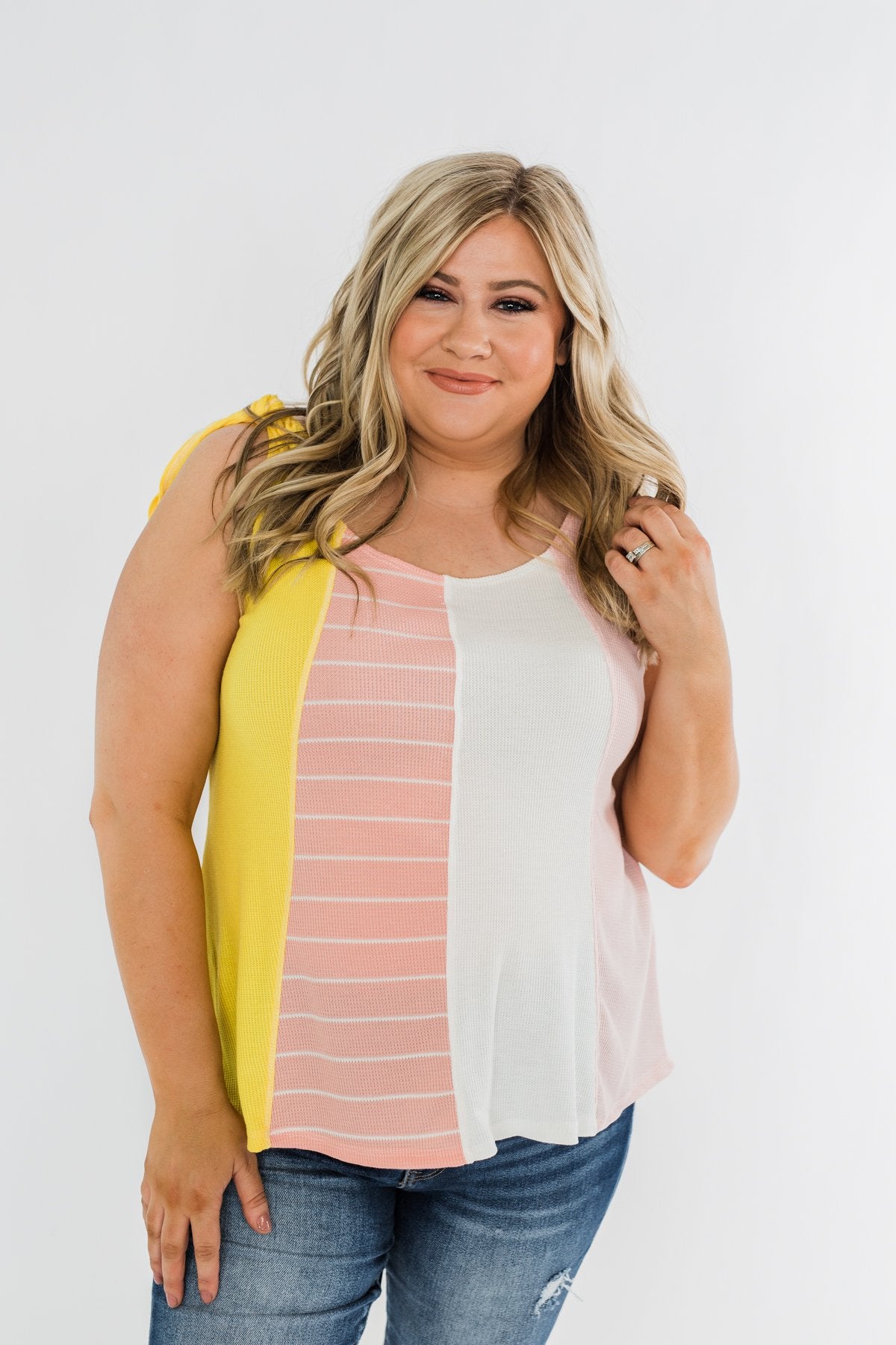 Once Again Color Block Tank Top- Pink, Off White, & Yellow