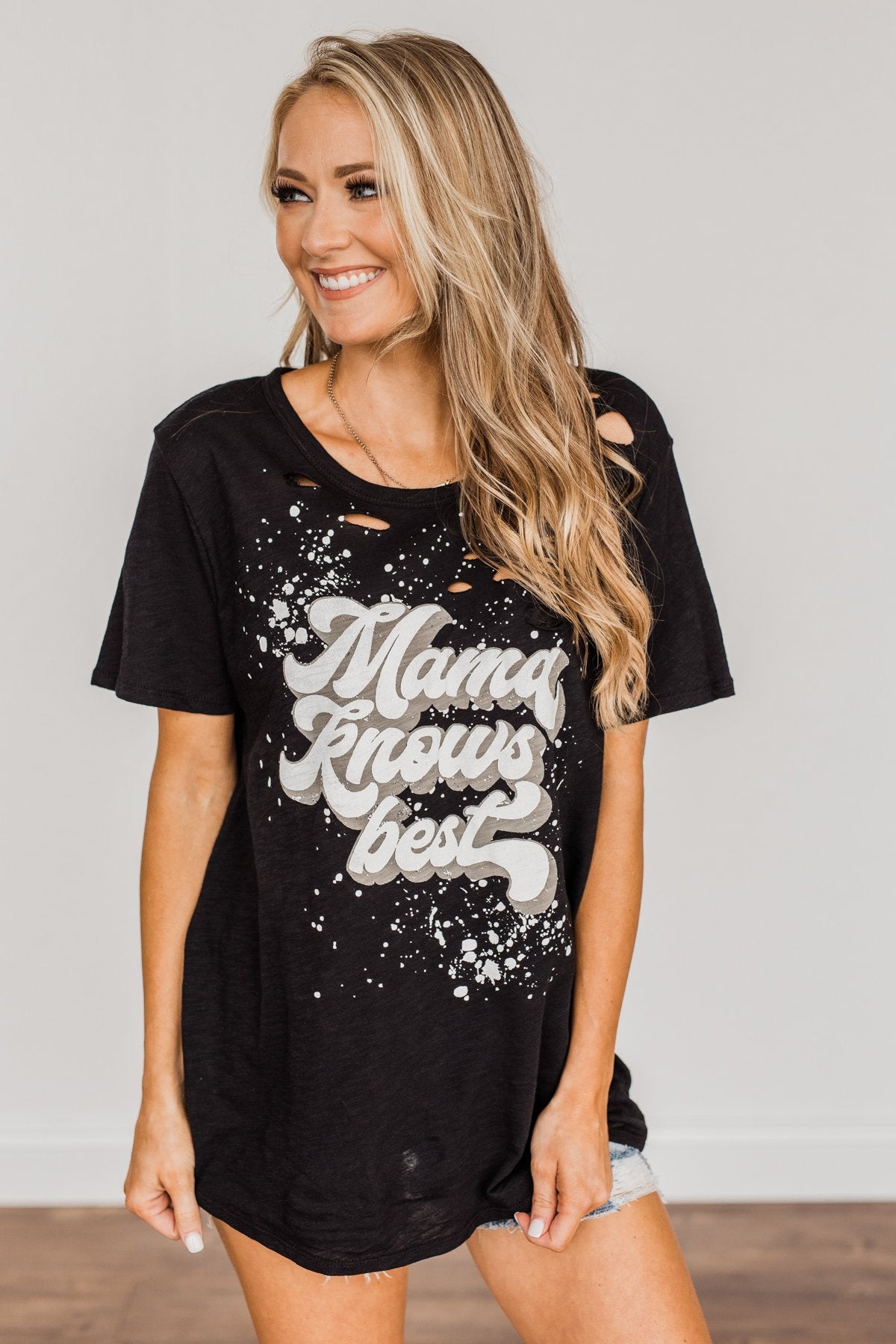 "Mama Knows Best" Distressed Graphic Tee- Black