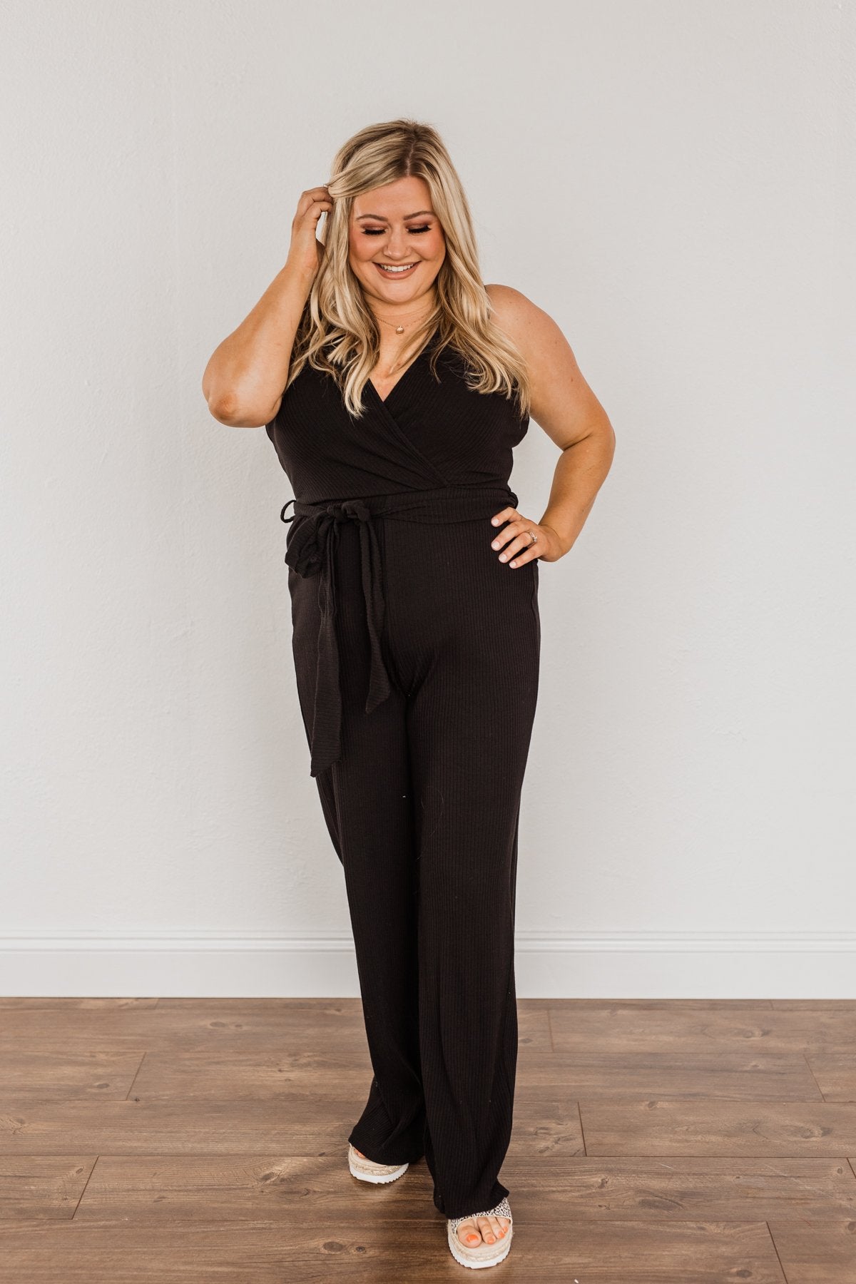 Good Times Are Coming Ribbed Knit Jumpsuit- Black