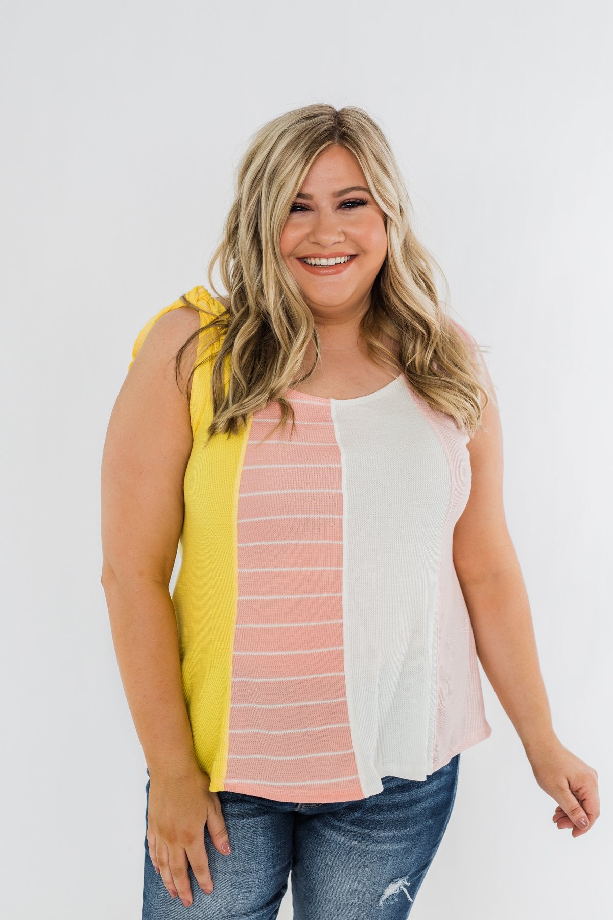 Once Again Color Block Tank Top- Pink, Off White, & Yellow