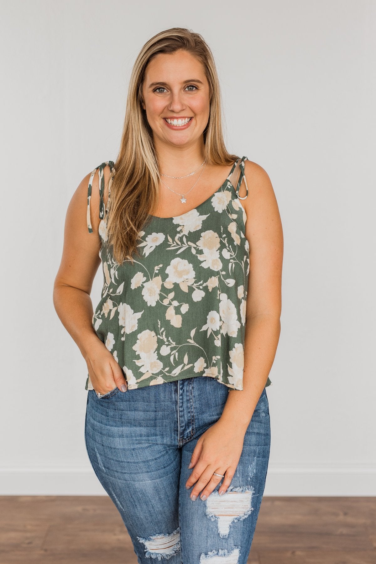 Gardens Of Roses Floral Tank Top- Dusty Olive