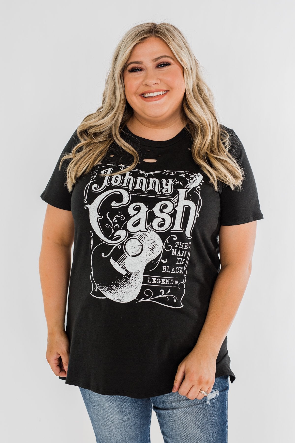 "Johnny Cash" Distressed Graphic Top- Black