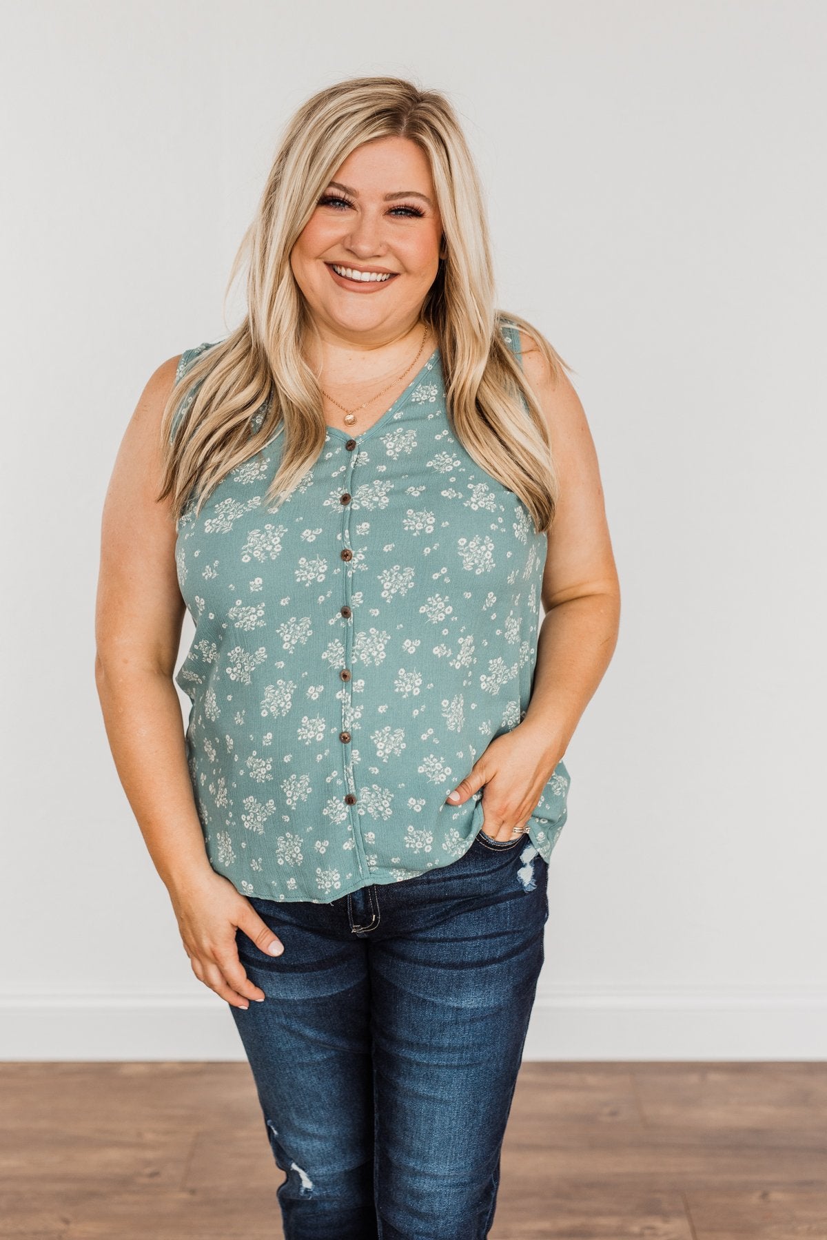 Sealed With A Kiss Floral Button Tank Top- Dusty Jade