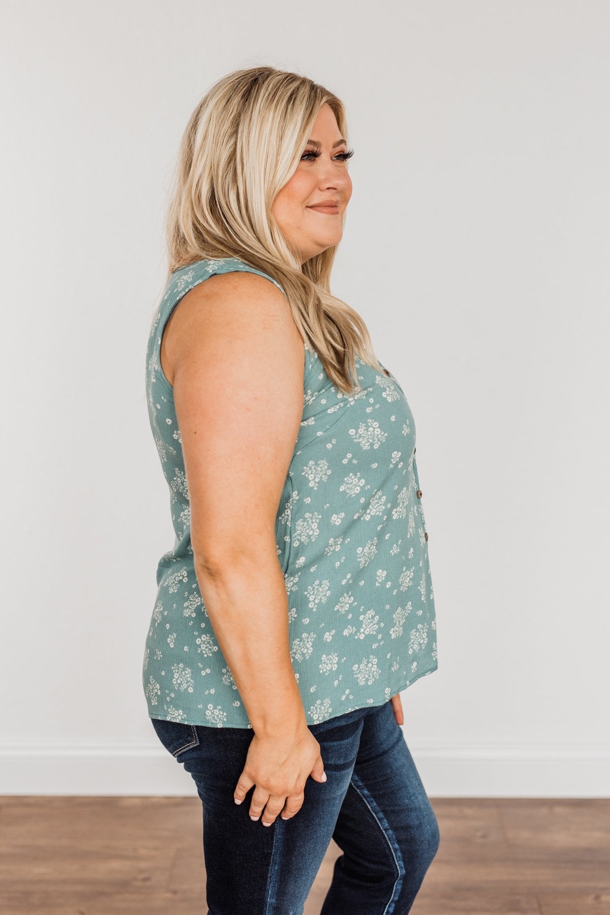 Sealed With A Kiss Floral Button Tank Top- Dusty Jade