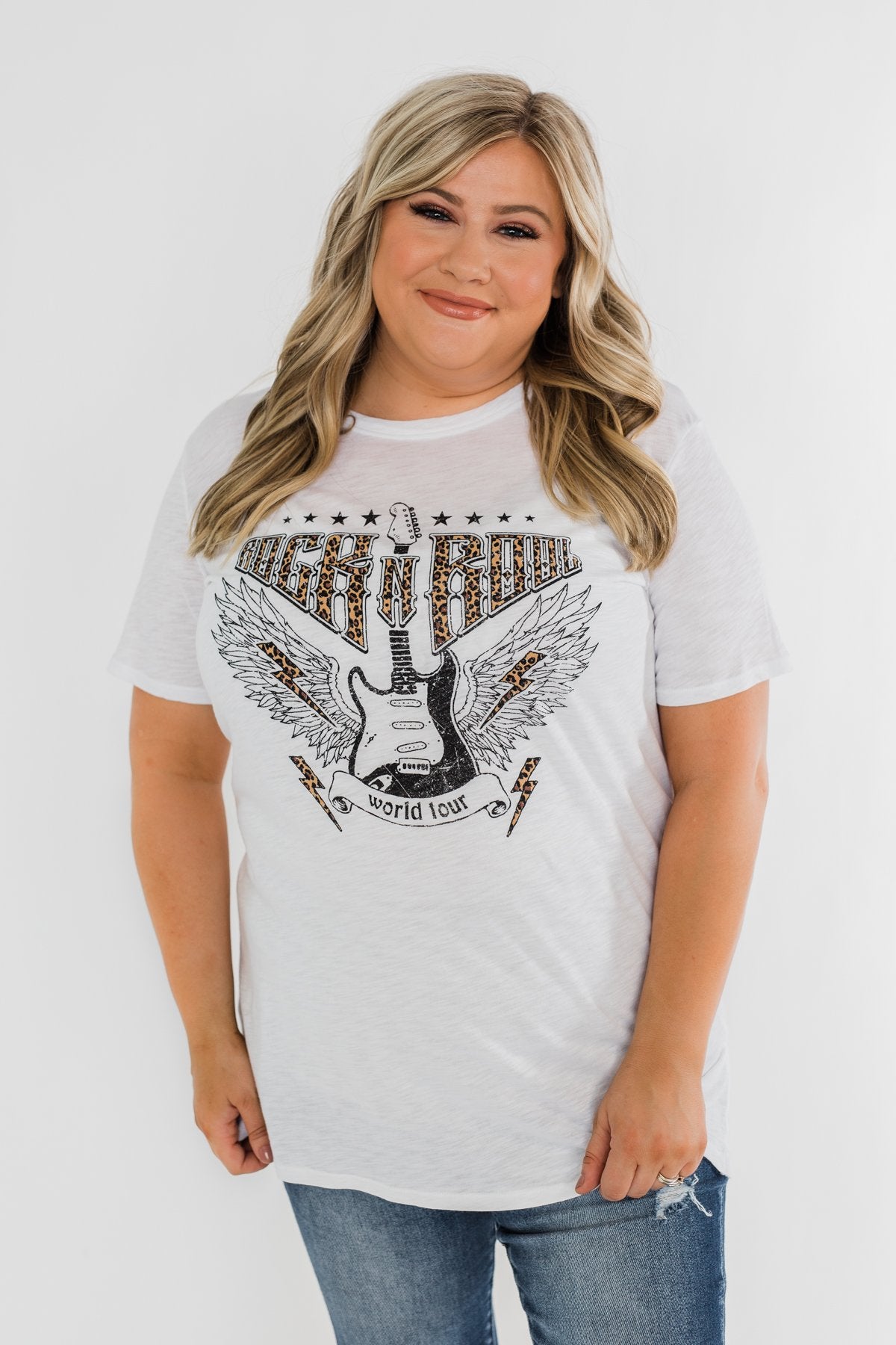 "Rock N Roll" Leopard Graphic Top- Off White