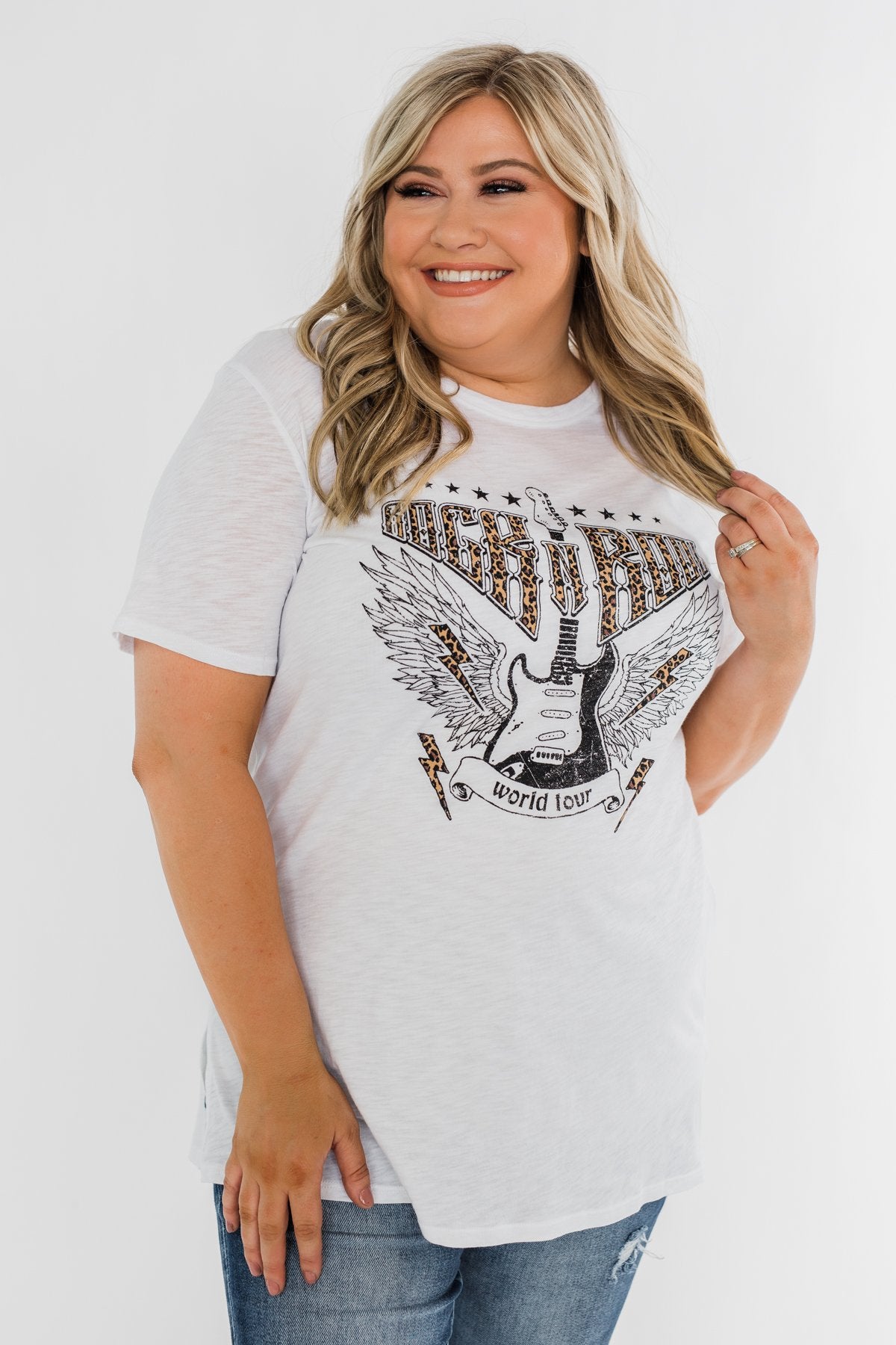 "Rock N Roll" Leopard Graphic Top- Off White