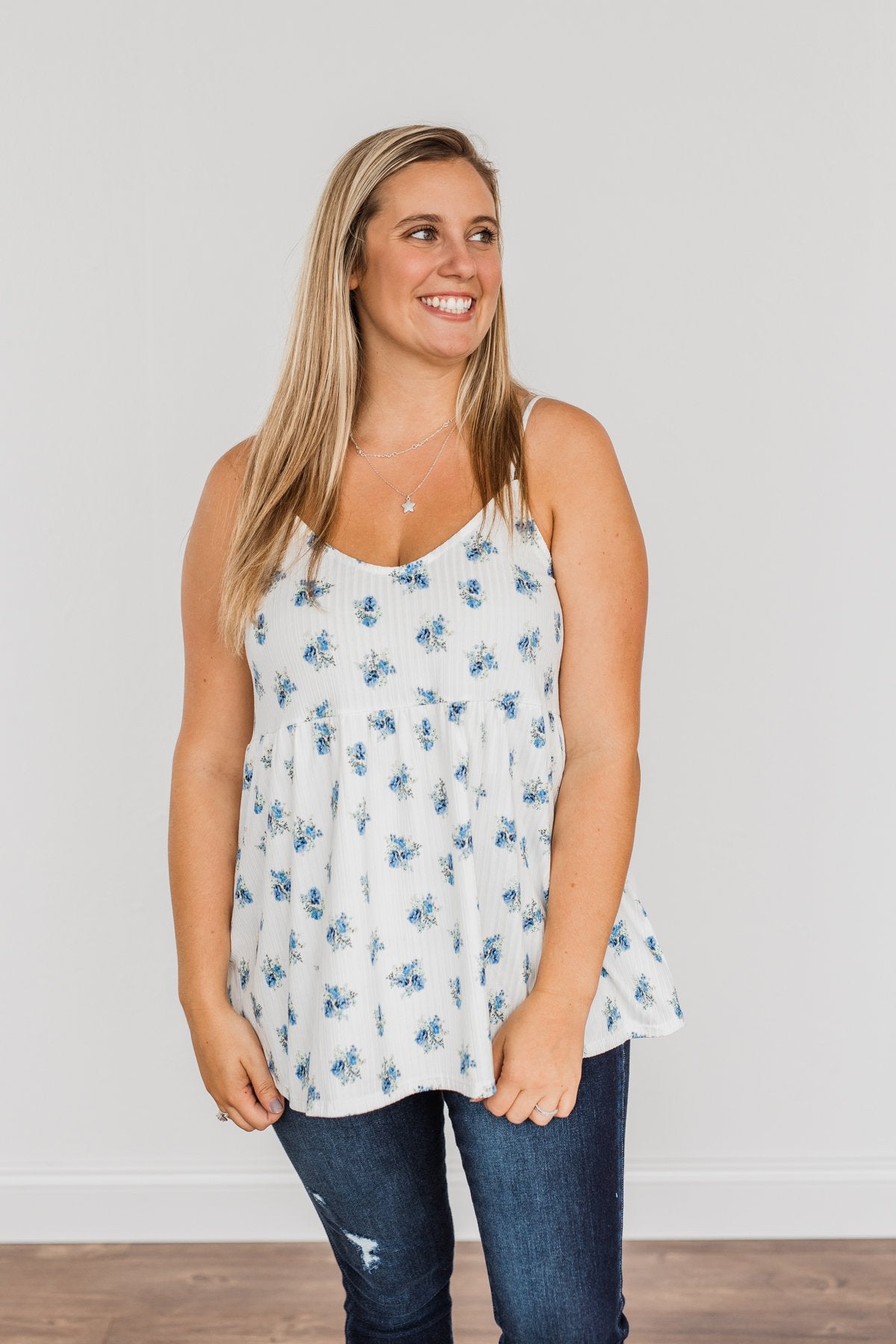 Follow The Flowers Knit Tank Top- Off-White & Blue
