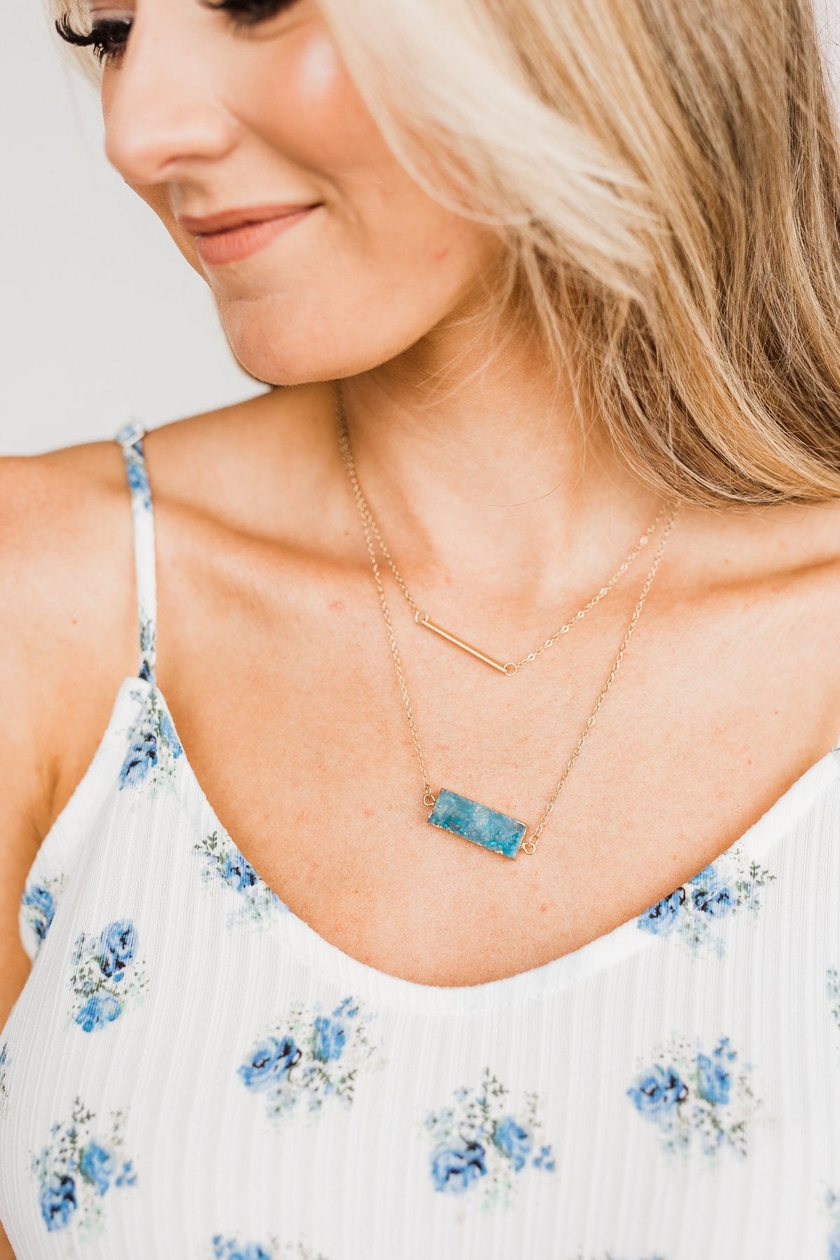 Gold Bar & Rectangle Stone Necklace- Blue