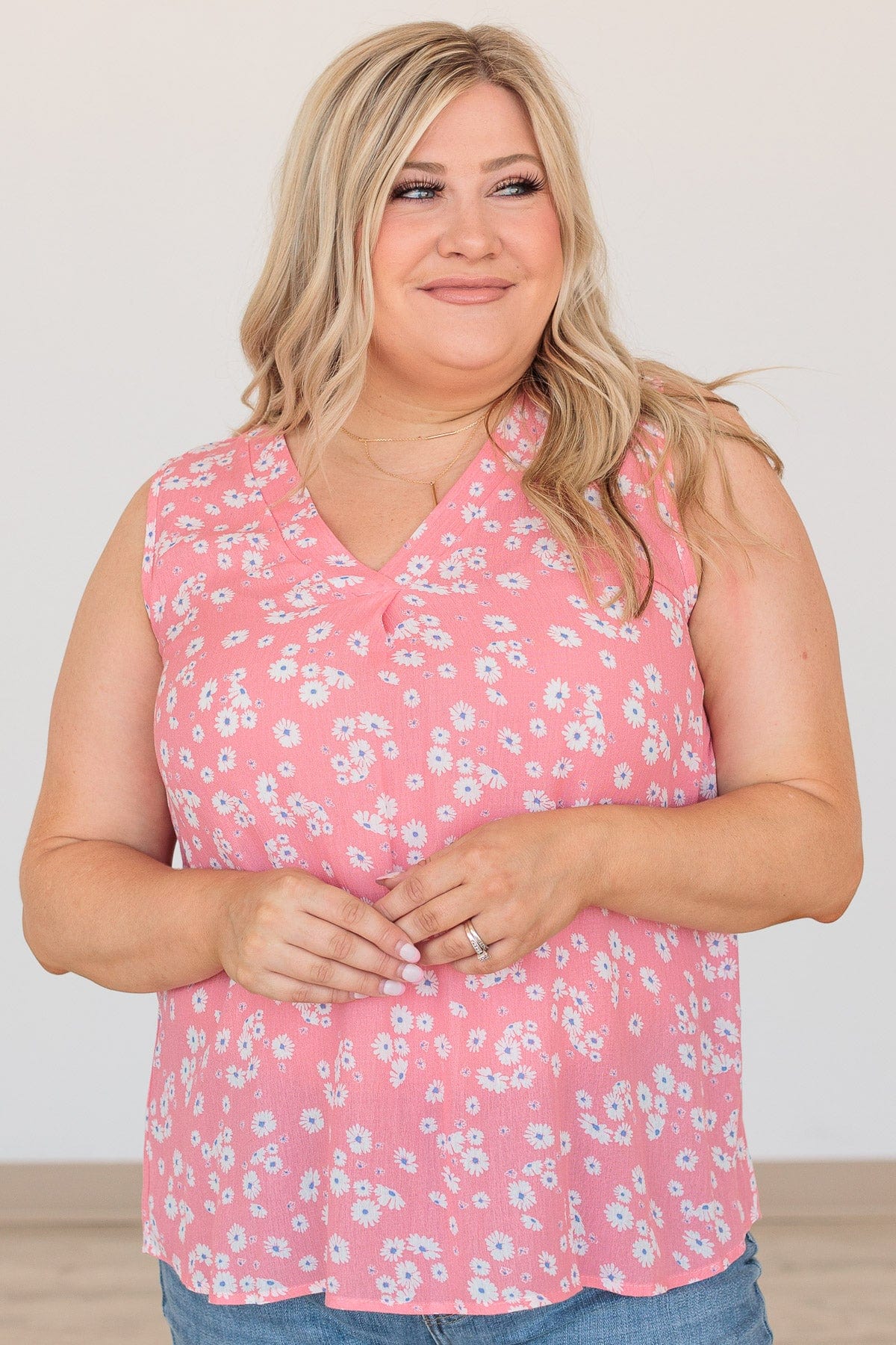 Reach For The Sky Floral V-Neck Tank- Pink