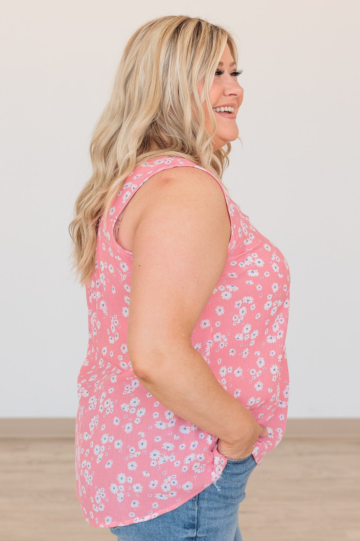 Reach For The Sky Floral V-Neck Tank- Pink