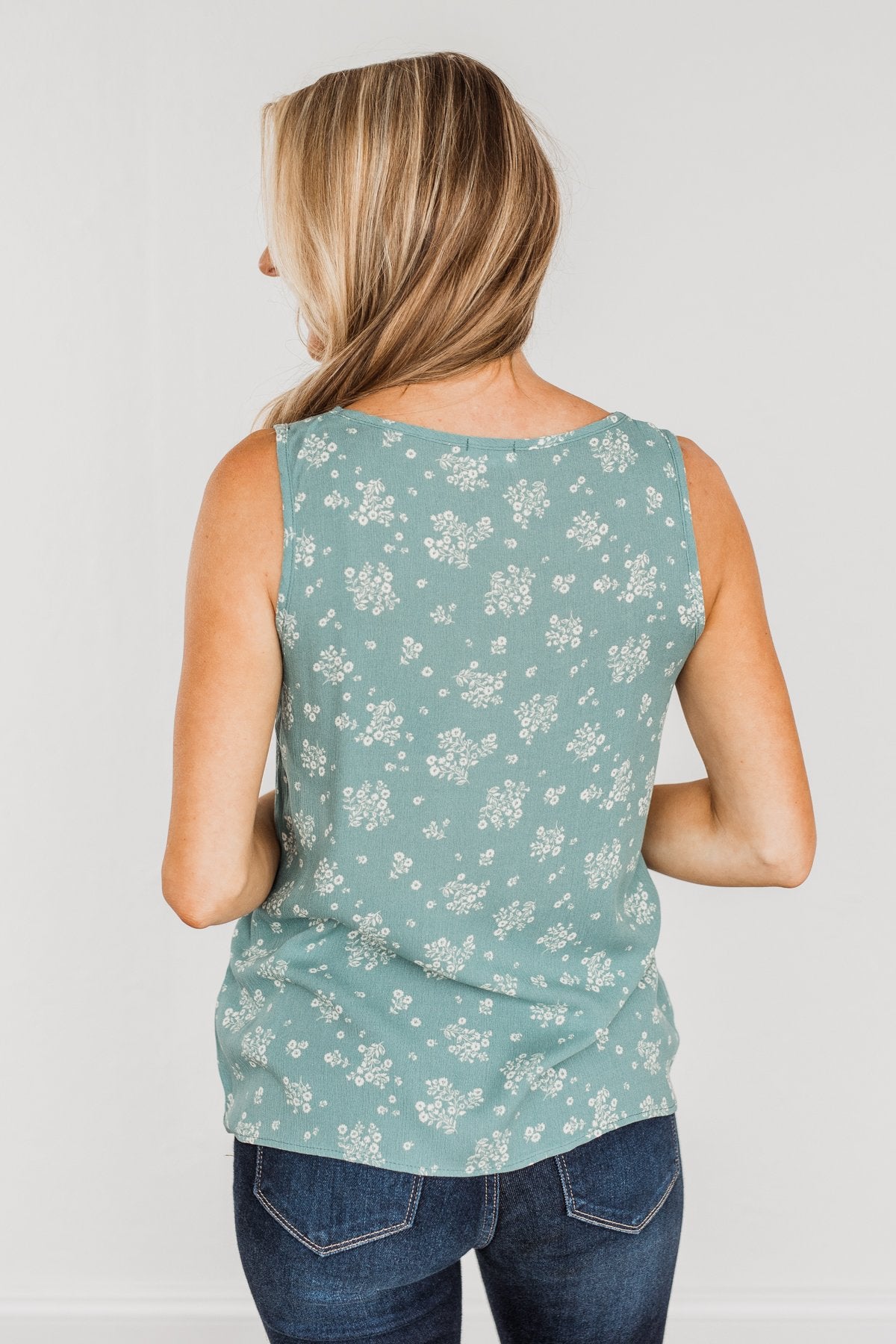 Sealed With A Kiss Floral Button Tank Top- Dusty Jade