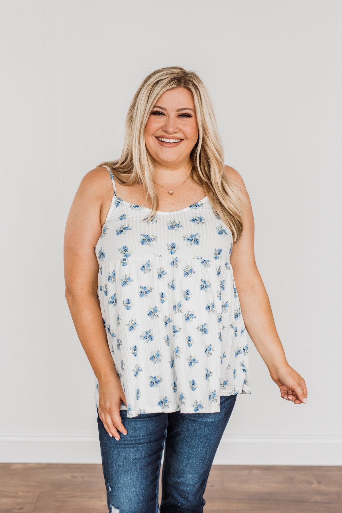 Follow The Flowers Knit Tank Top- Off-White & Blue