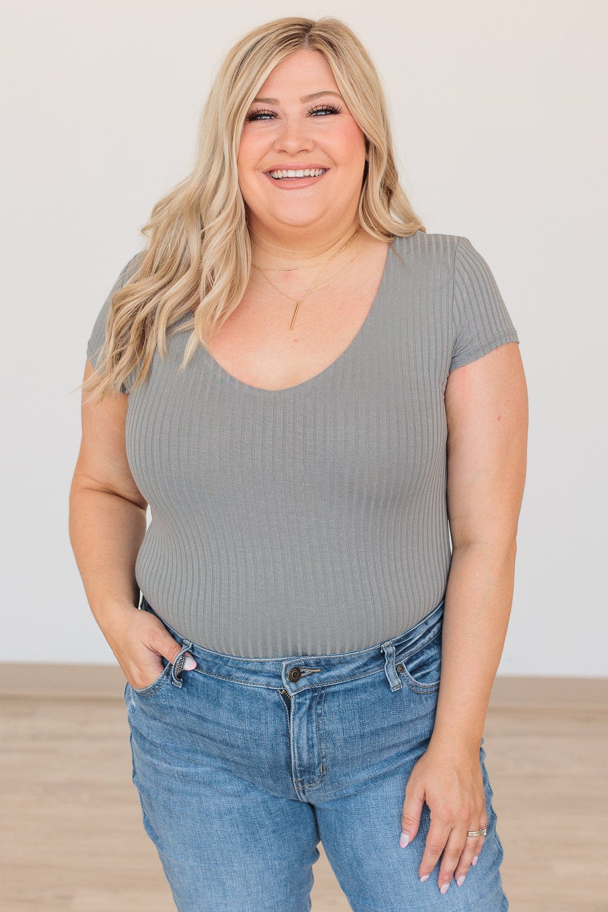 Be Your Authentic Self Ribbed Bodysuit- Slate Gray