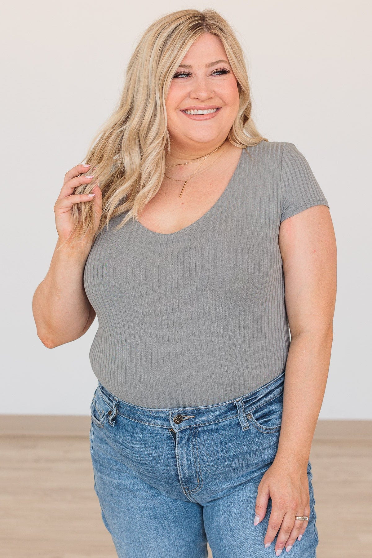 Be Your Authentic Self Ribbed Bodysuit- Slate Gray