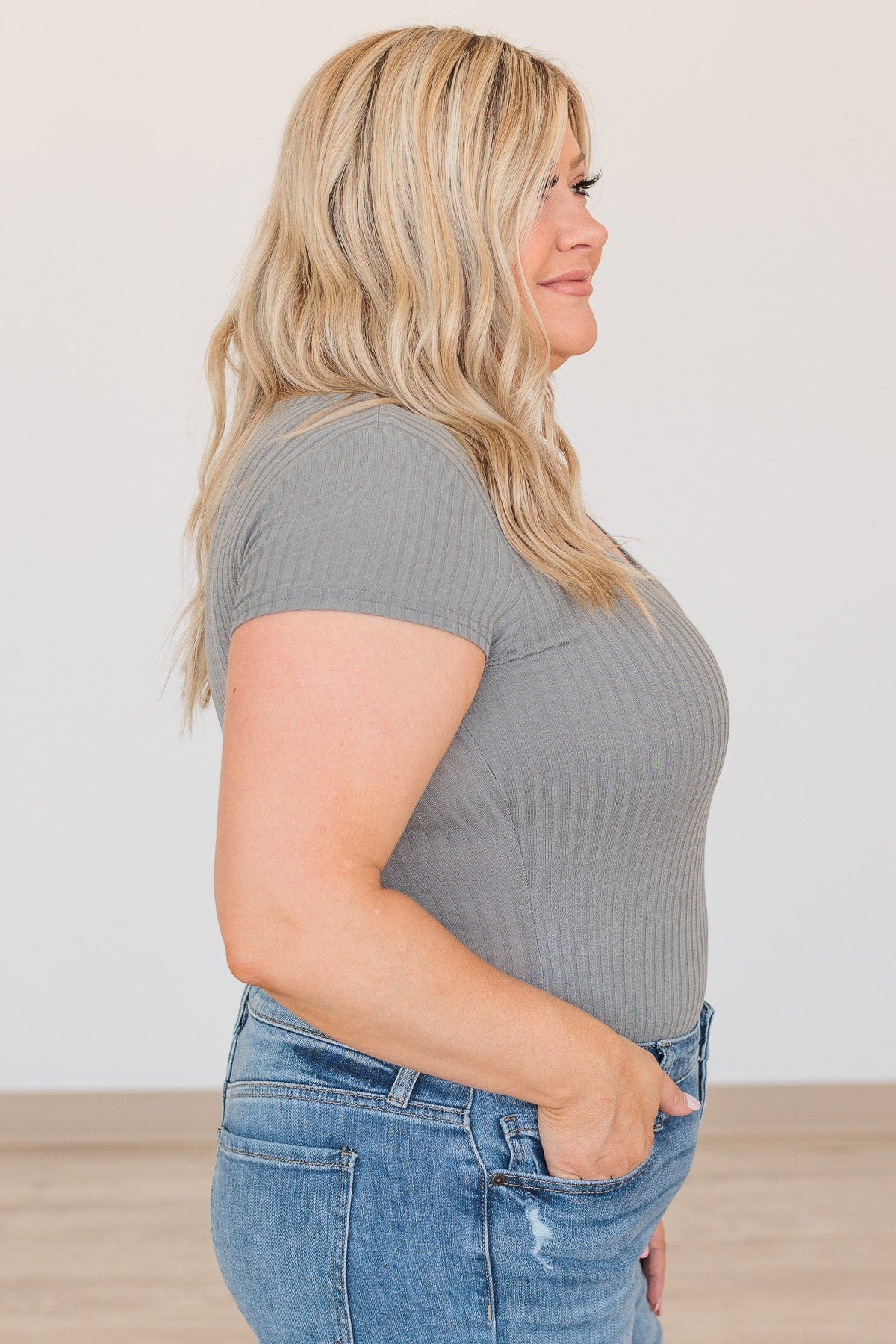 Be Your Authentic Self Ribbed Bodysuit- Slate Gray