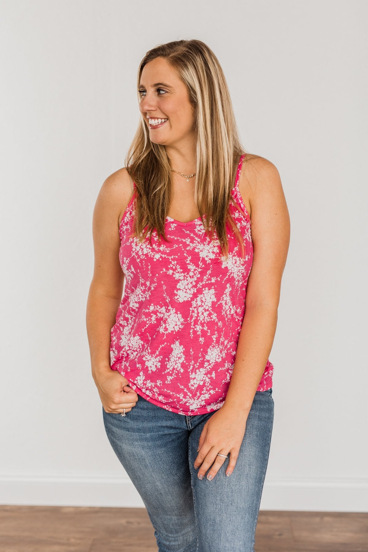 Ticket To Paradise Floral Print Tank Top- Fuchsia