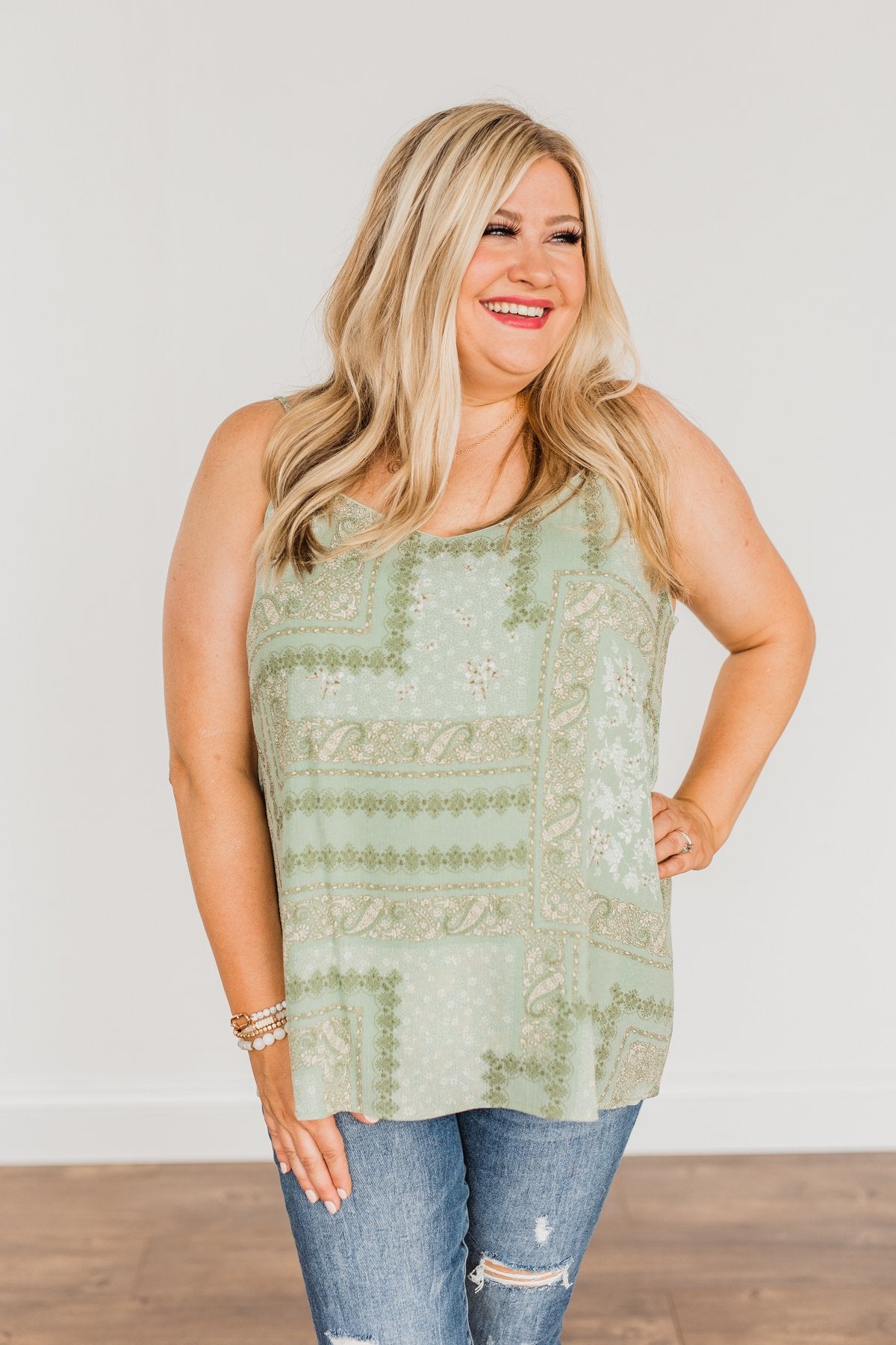 Divine Darling Paisley Print Tank Top- Sage