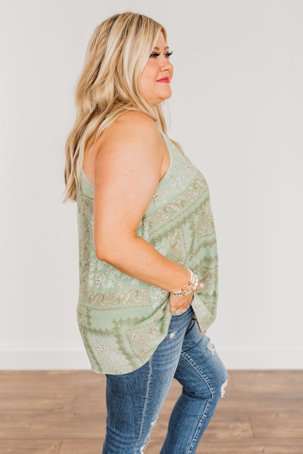 Divine Darling Paisley Print Tank Top- Sage