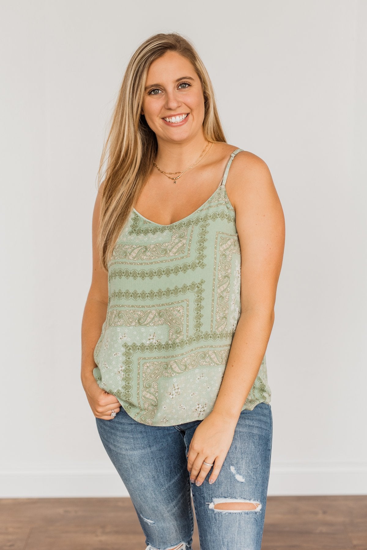 Divine Darling Paisley Print Tank Top- Sage