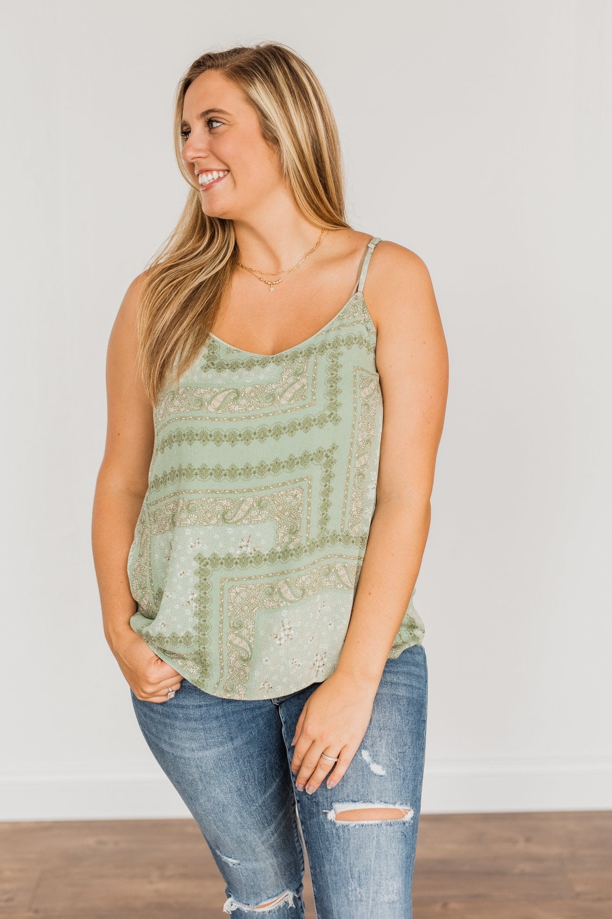 Divine Darling Paisley Print Tank Top- Sage