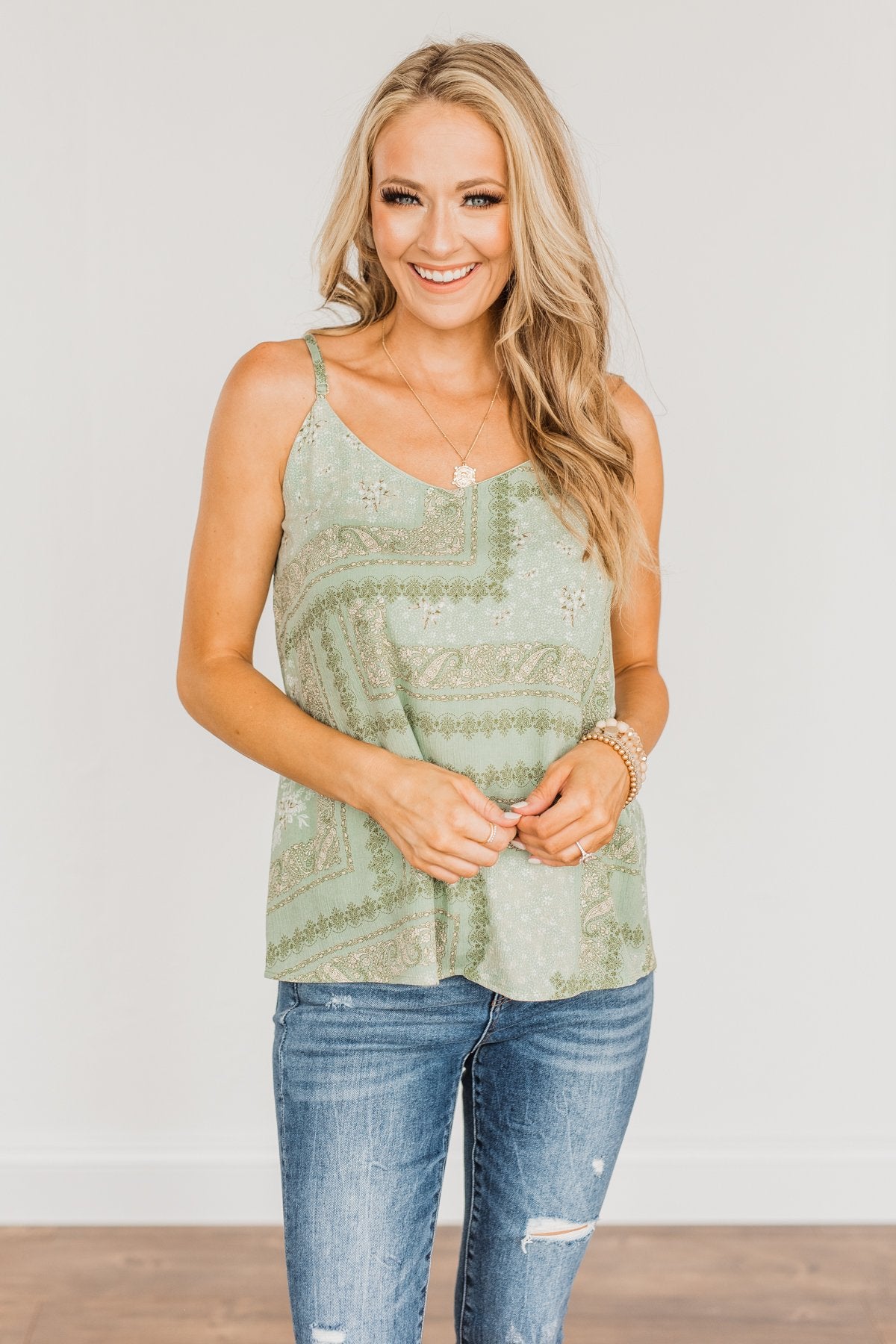 Divine Darling Paisley Print Tank Top- Sage