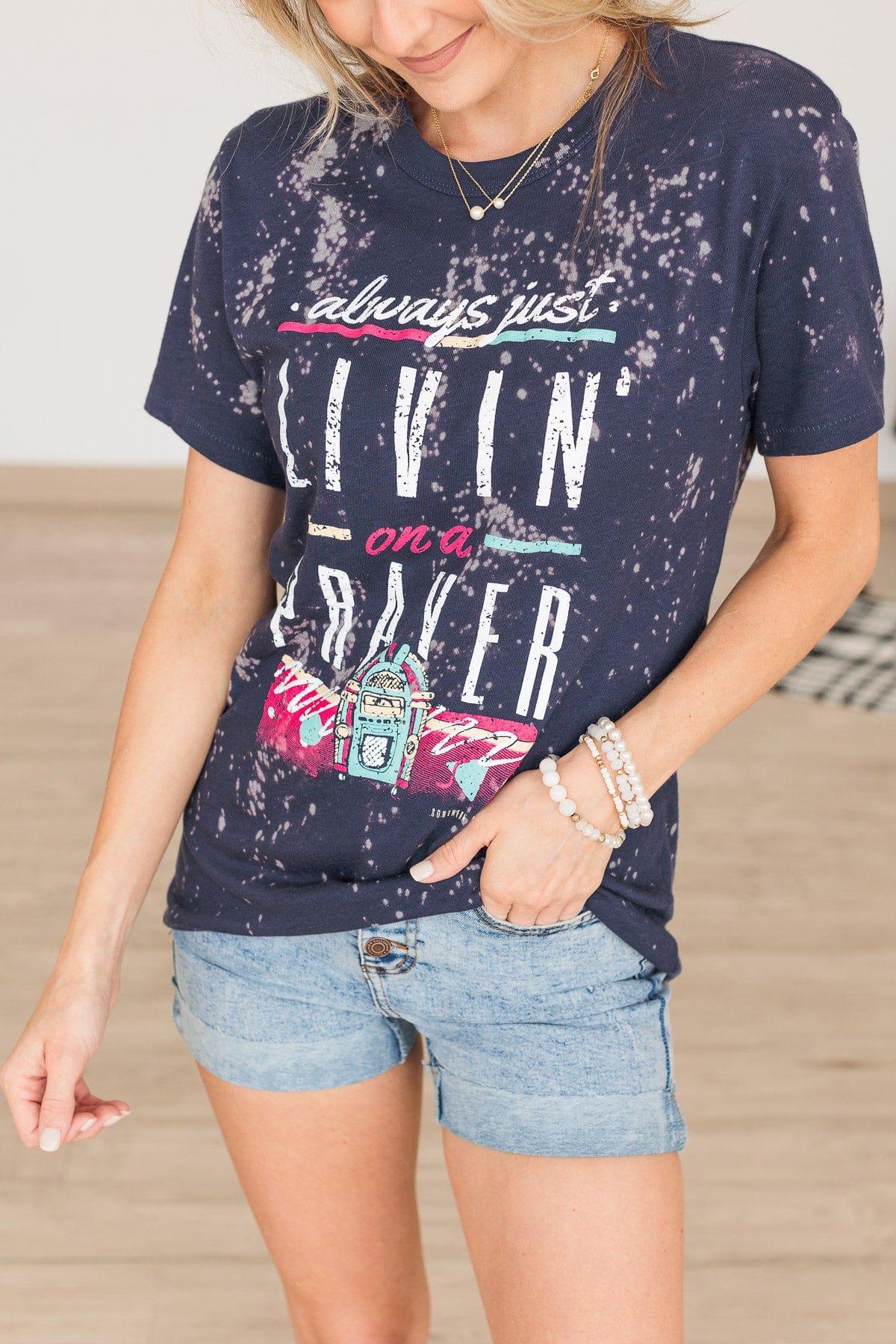 "Livin' On A Prayer" Bleached Graphic Tee- Navy