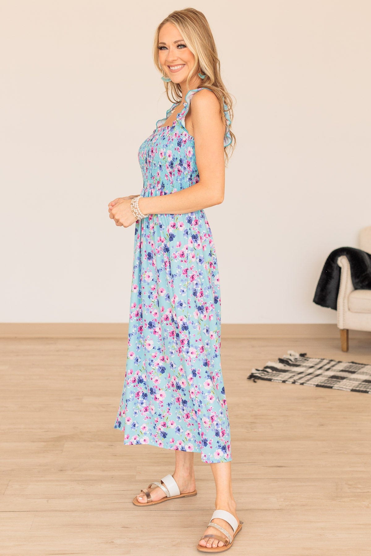 Bright Skies Floral Smocked Dress- Sky Blue