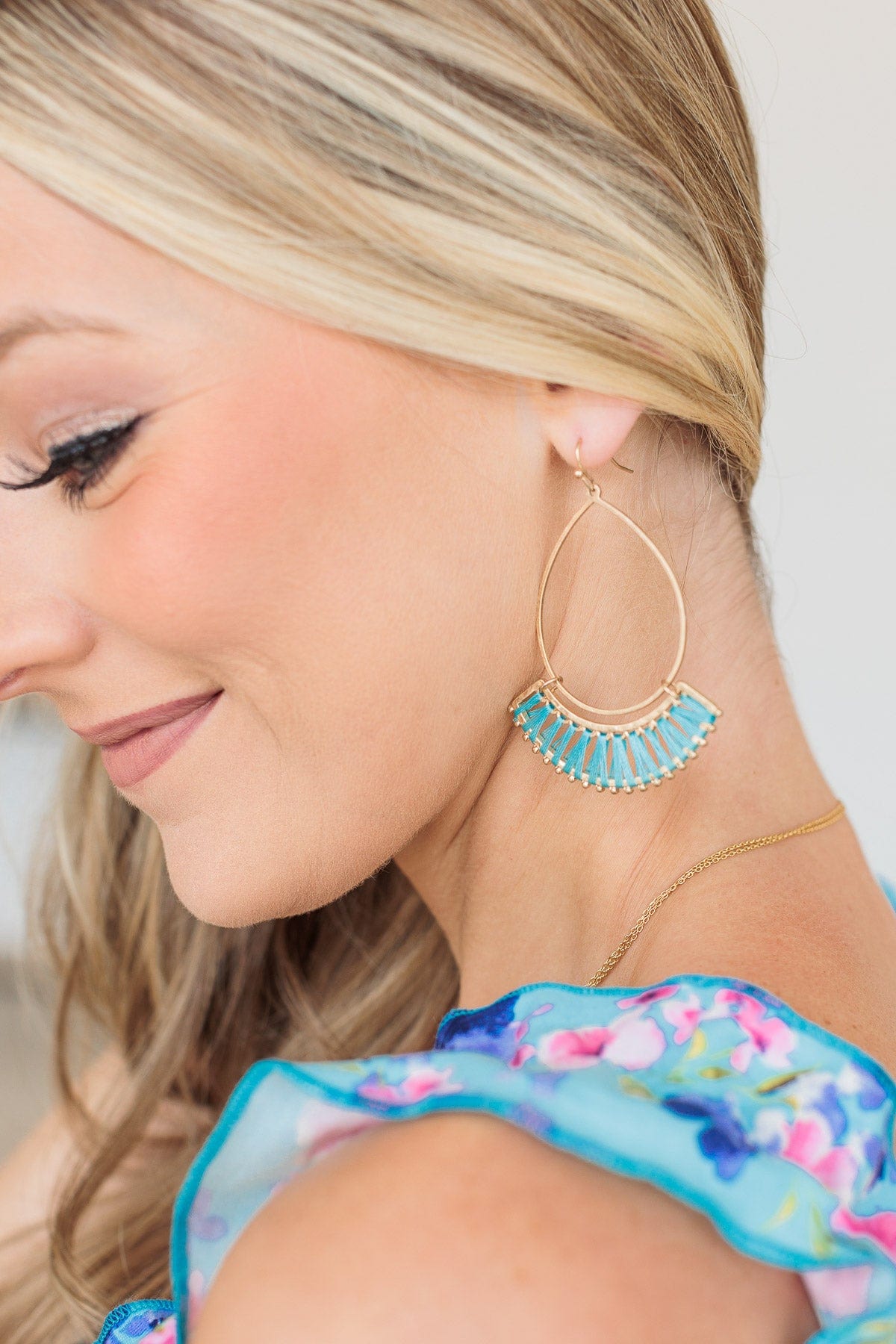 Save The Drama Gold Dangle Earrings- Turquoise